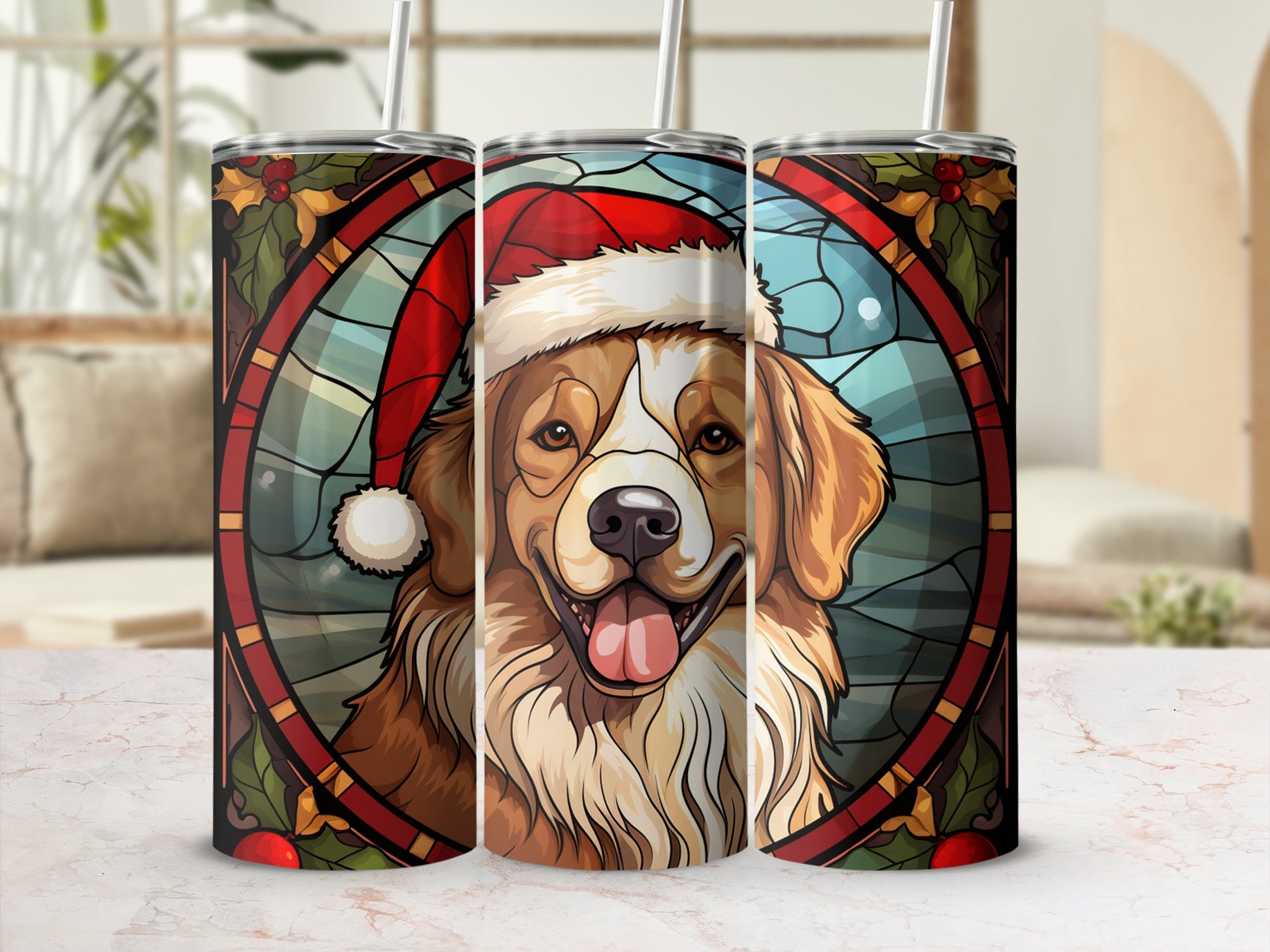 Christmas dog wearing Santa hat with stained glass background.