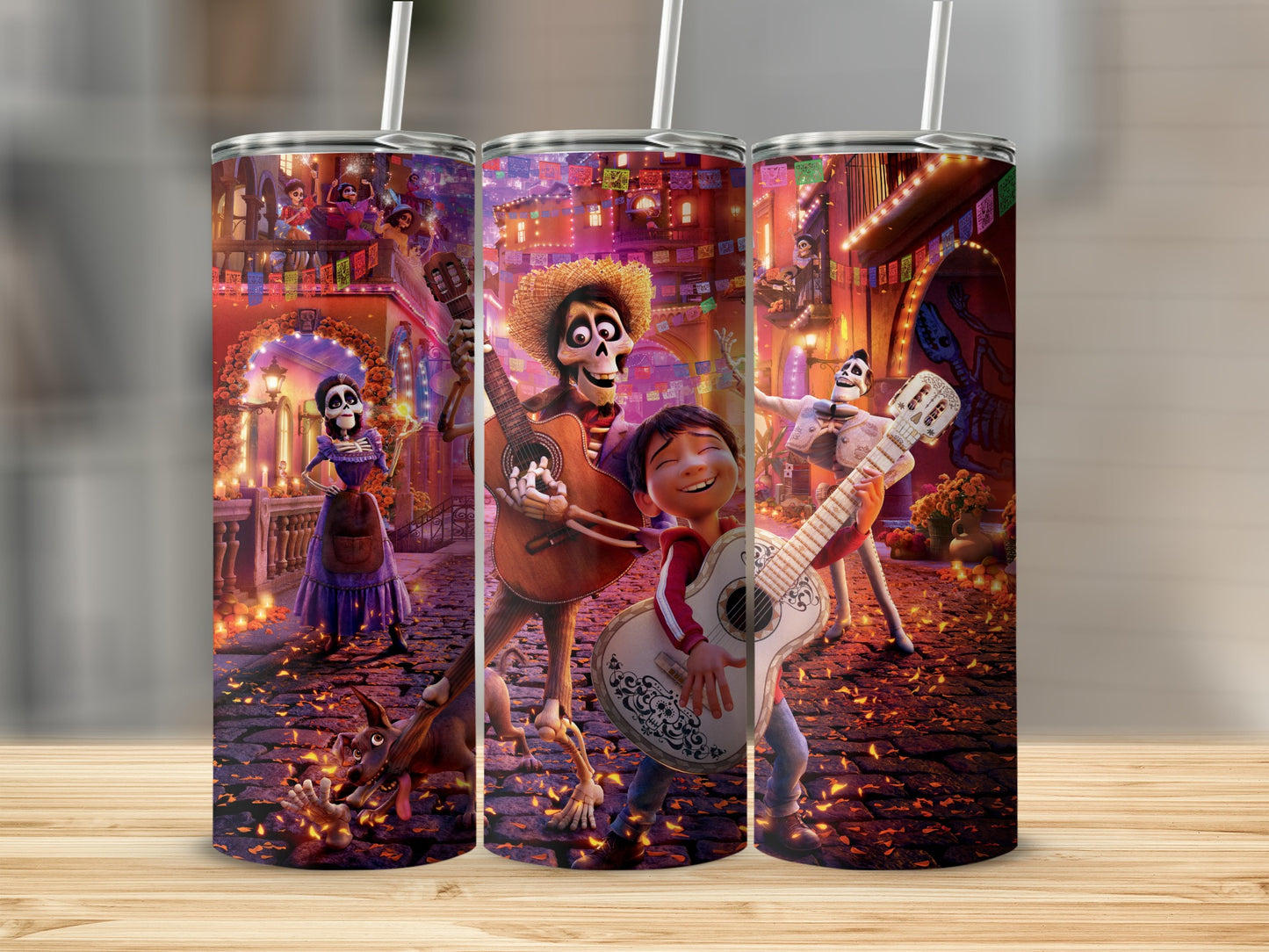 Festive Skeletons Playing Guitars Scene Tumbler