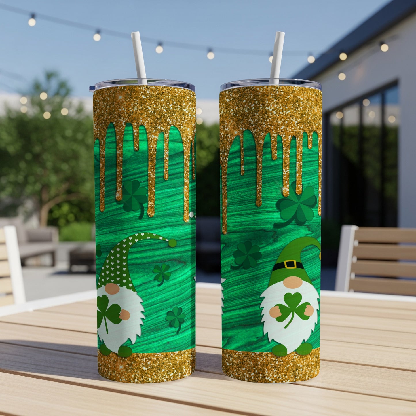 Two green tumblers with St. Patrick's Day gnomes and gold glitter drips.