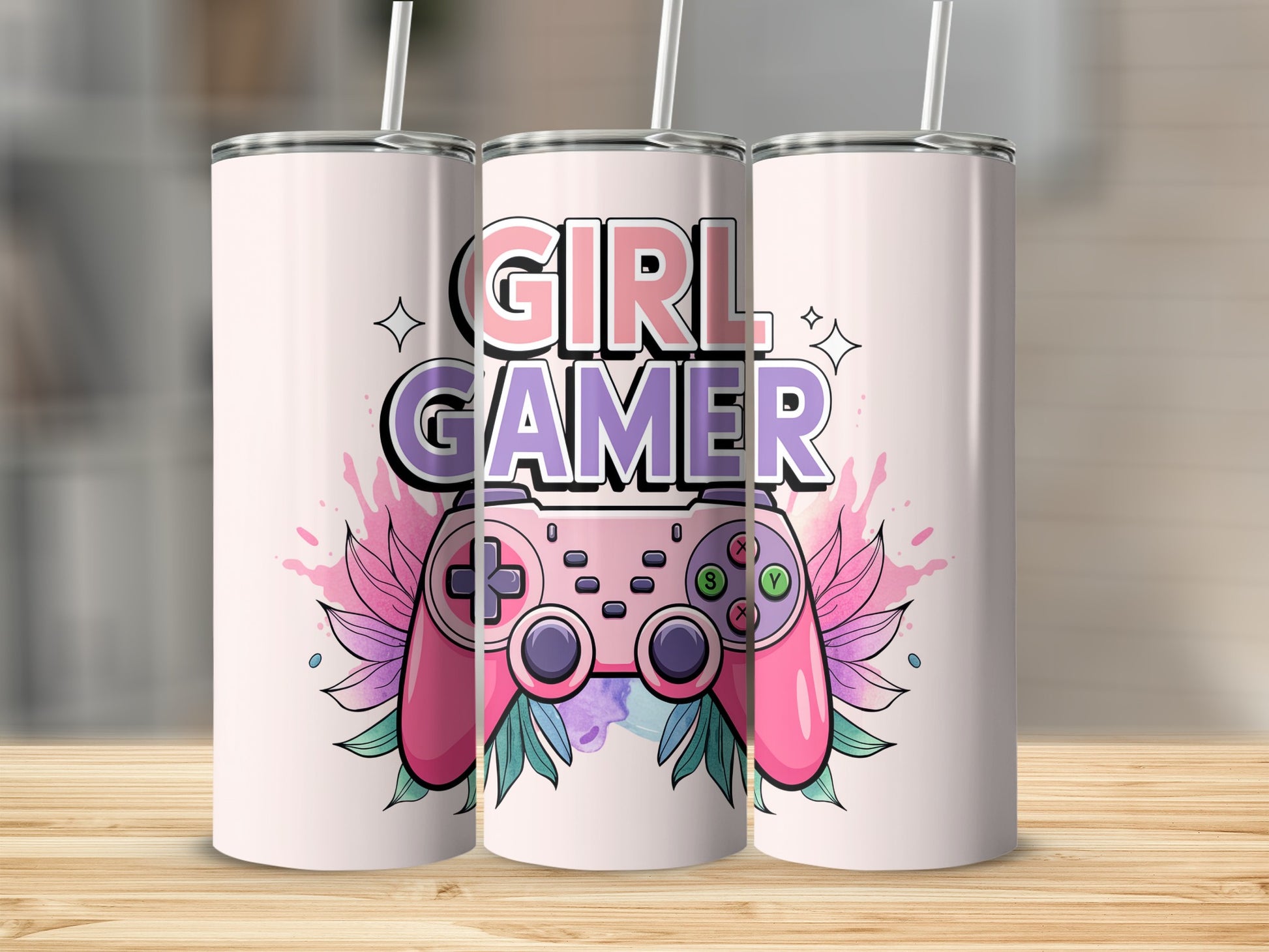 Pink and purple "Girl Gamer" text with video game controller and floral accents.