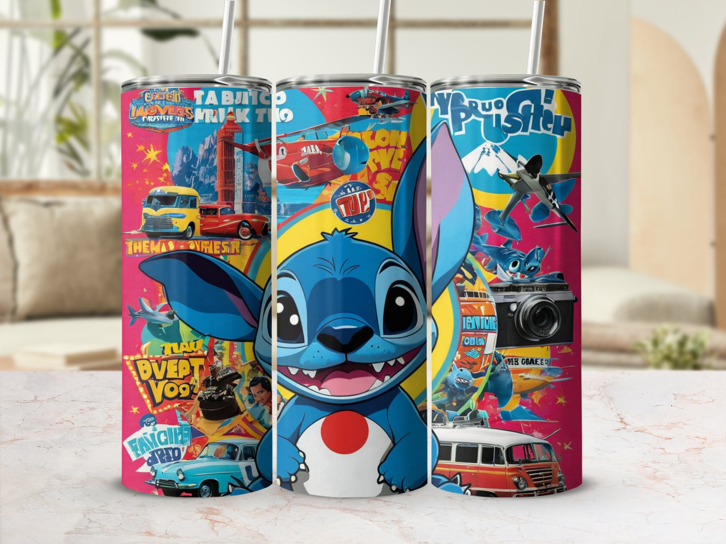 Stitch in a travel-themed tumbler design with various cartoon vehicles and landmarks.