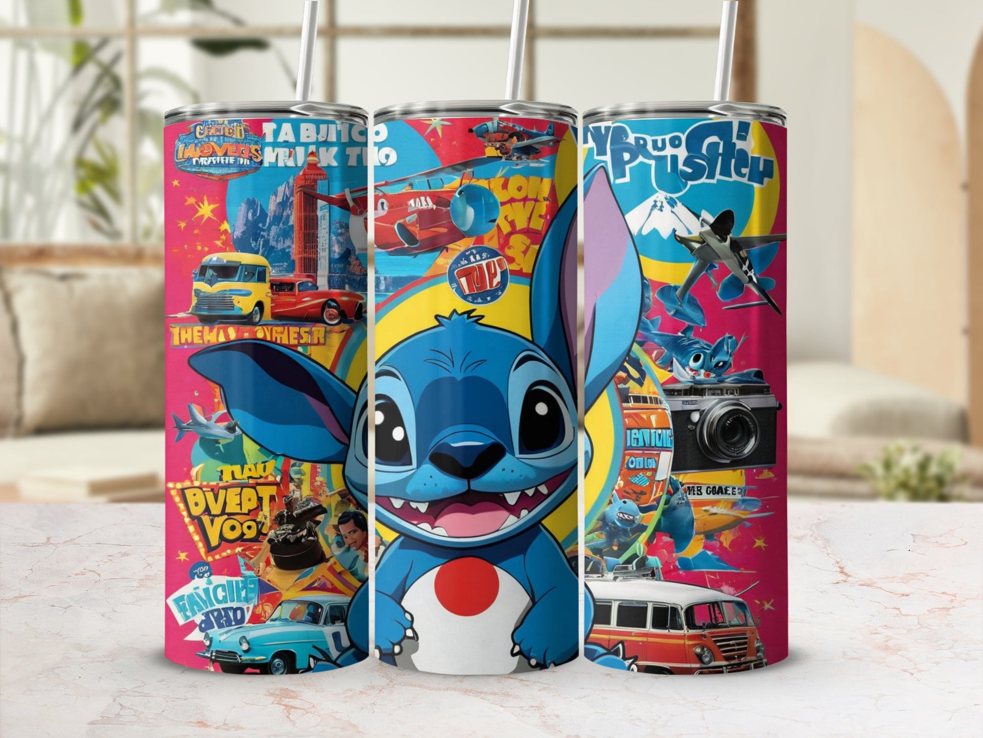 Stitch in a travel-themed tumbler design with various cartoon vehicles and landmarks.