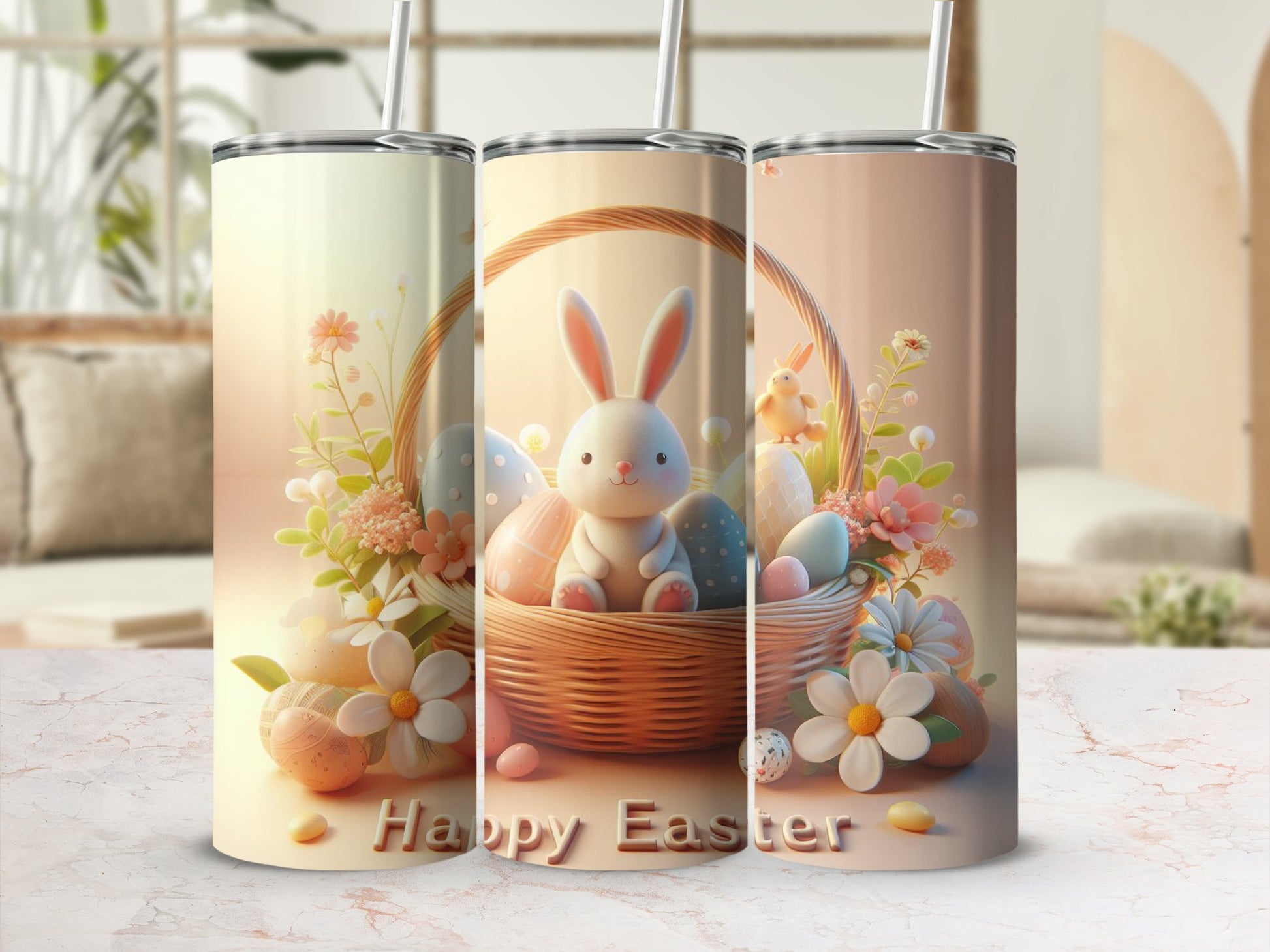 Happy Easter tumbler with a basket of Easter eggs and a bunny.