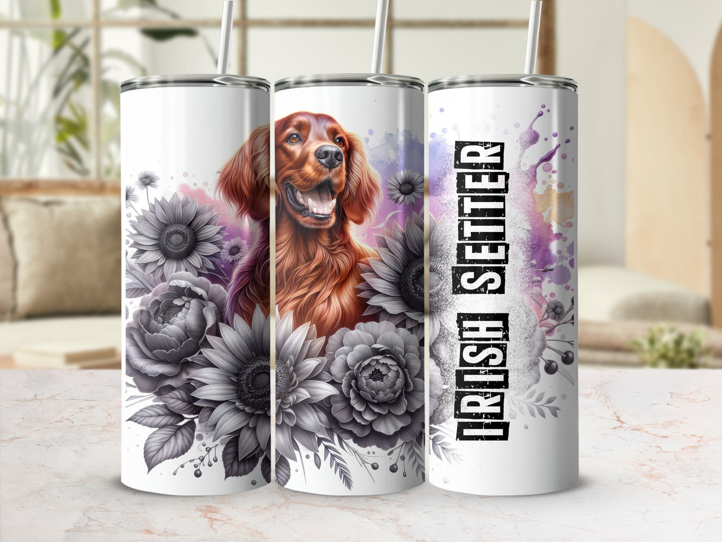 Irish Setter on floral background with watercolor splashes, on a tumbler.
