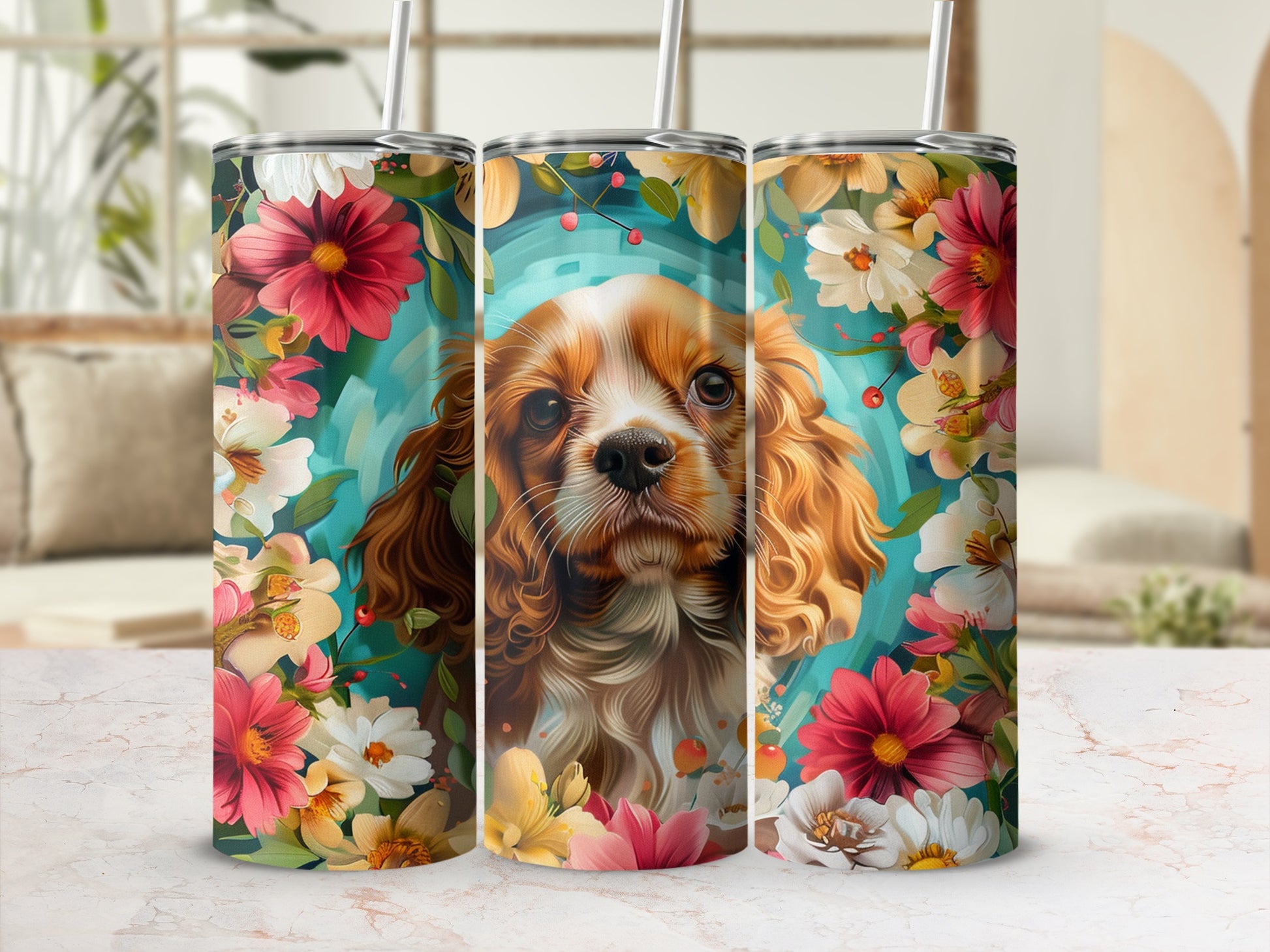Cavalier King Charles Spaniel surrounded by colorful flowers.