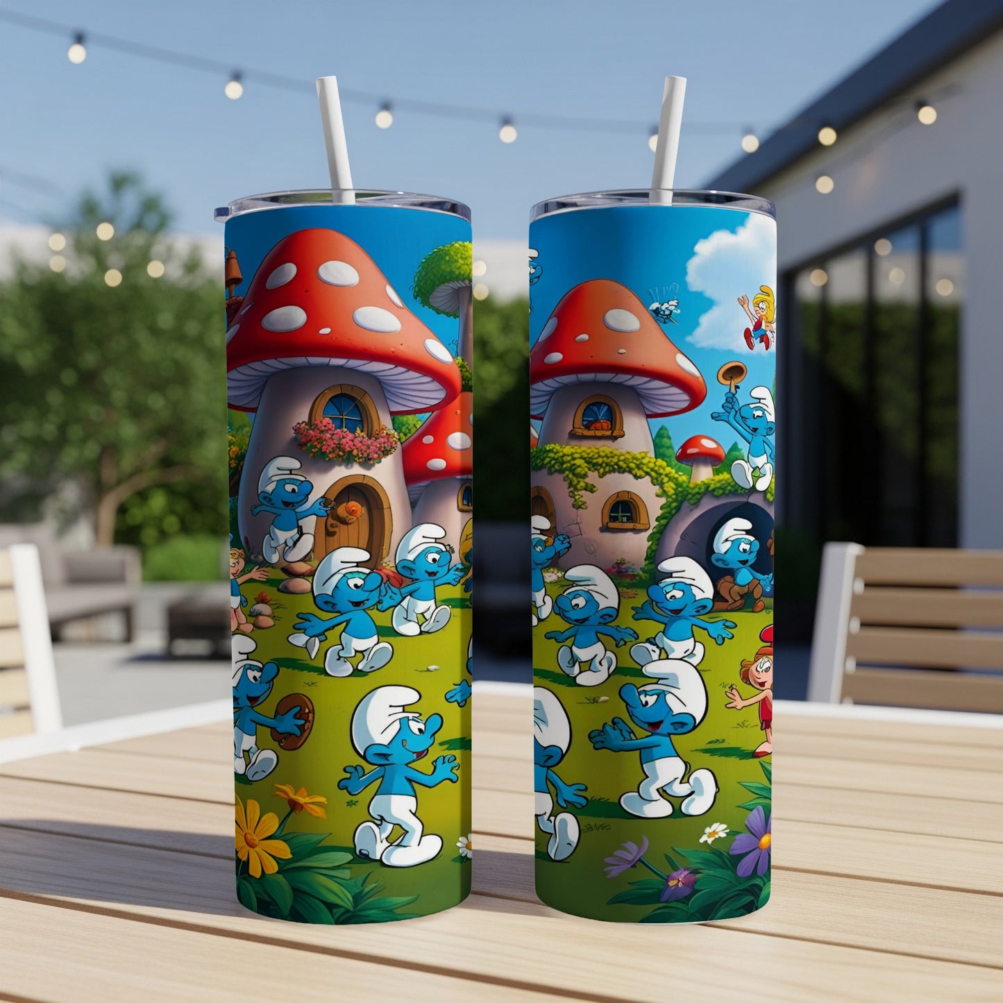 Smurfs enjoying their village with mushroom houses and surrounding nature.
