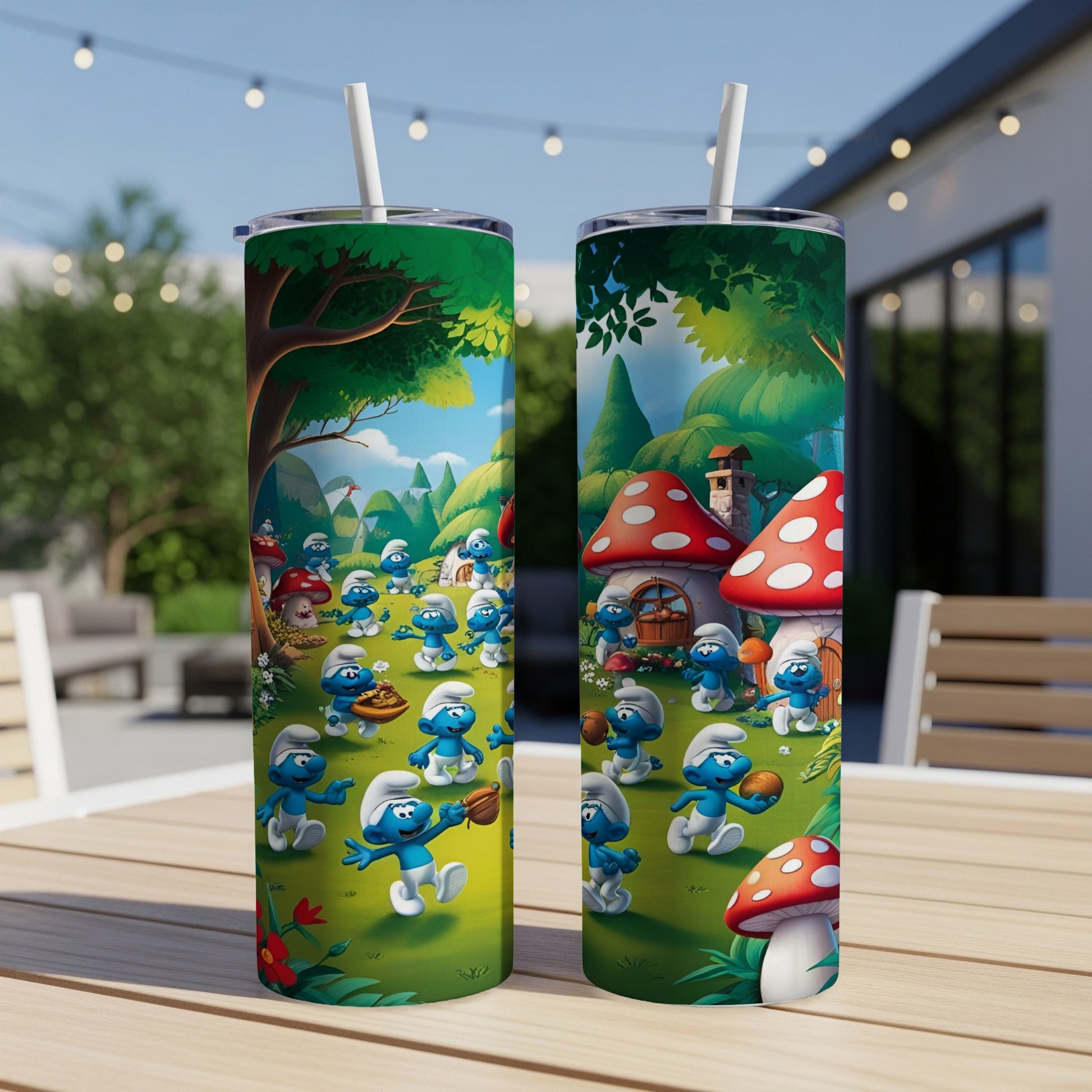 Smurfs playing with a football in front of mushroom houses in a green forest setting.