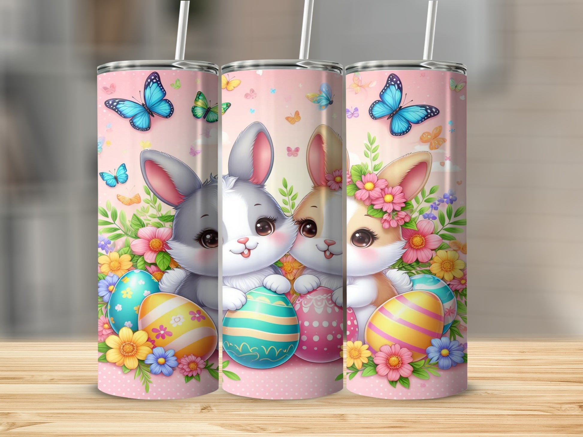 Easter bunnies with decorated eggs and flowers on a patterned pink background.