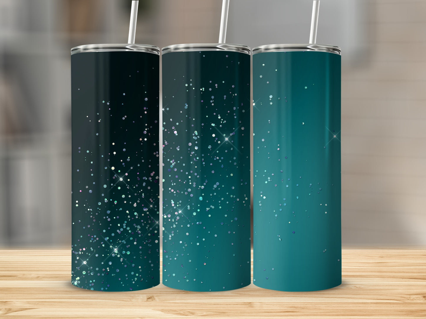 Three tumblers with glitter patterns in dark teal, teal, and teal with sparkles.