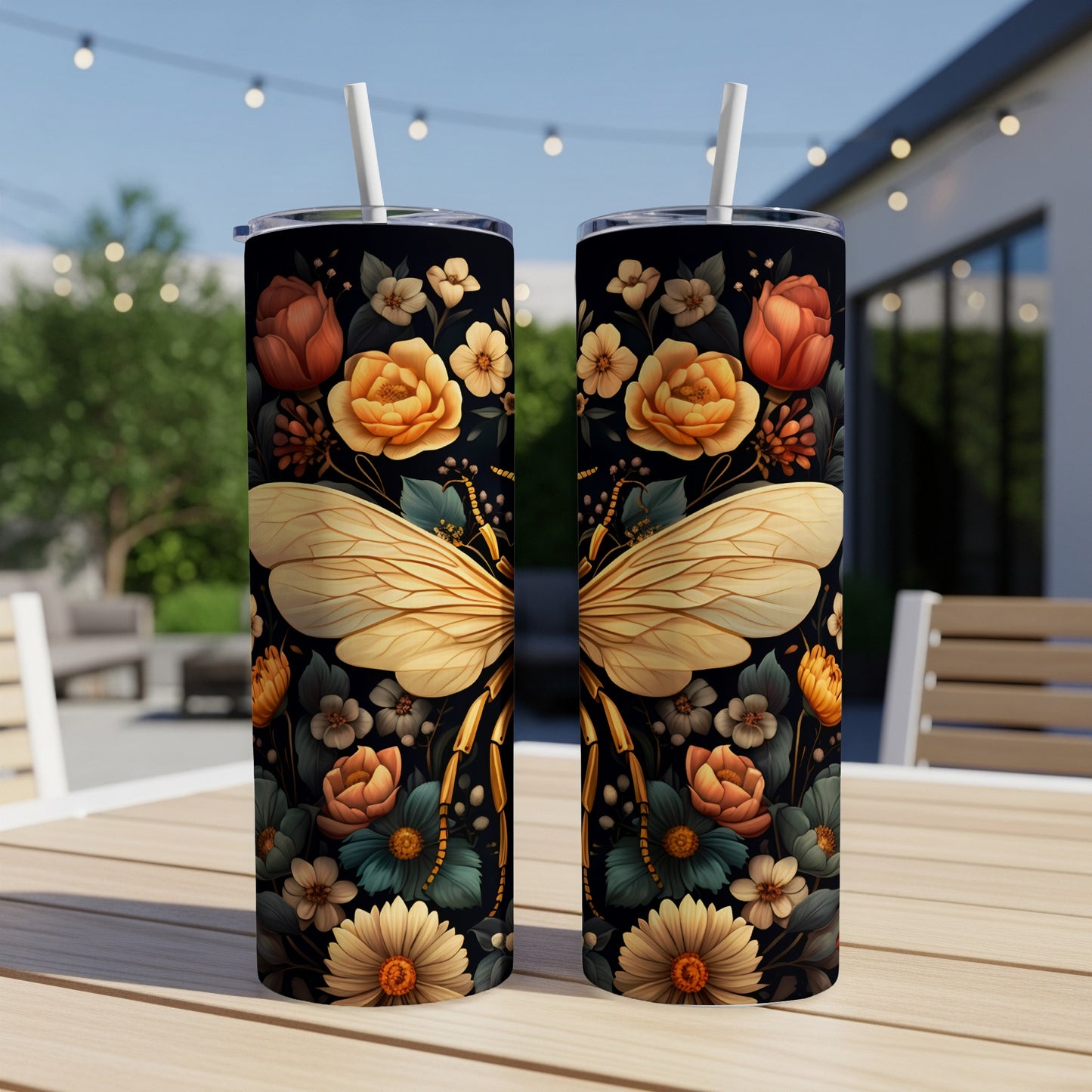 Two tumblers with bee and floral designs on a table.