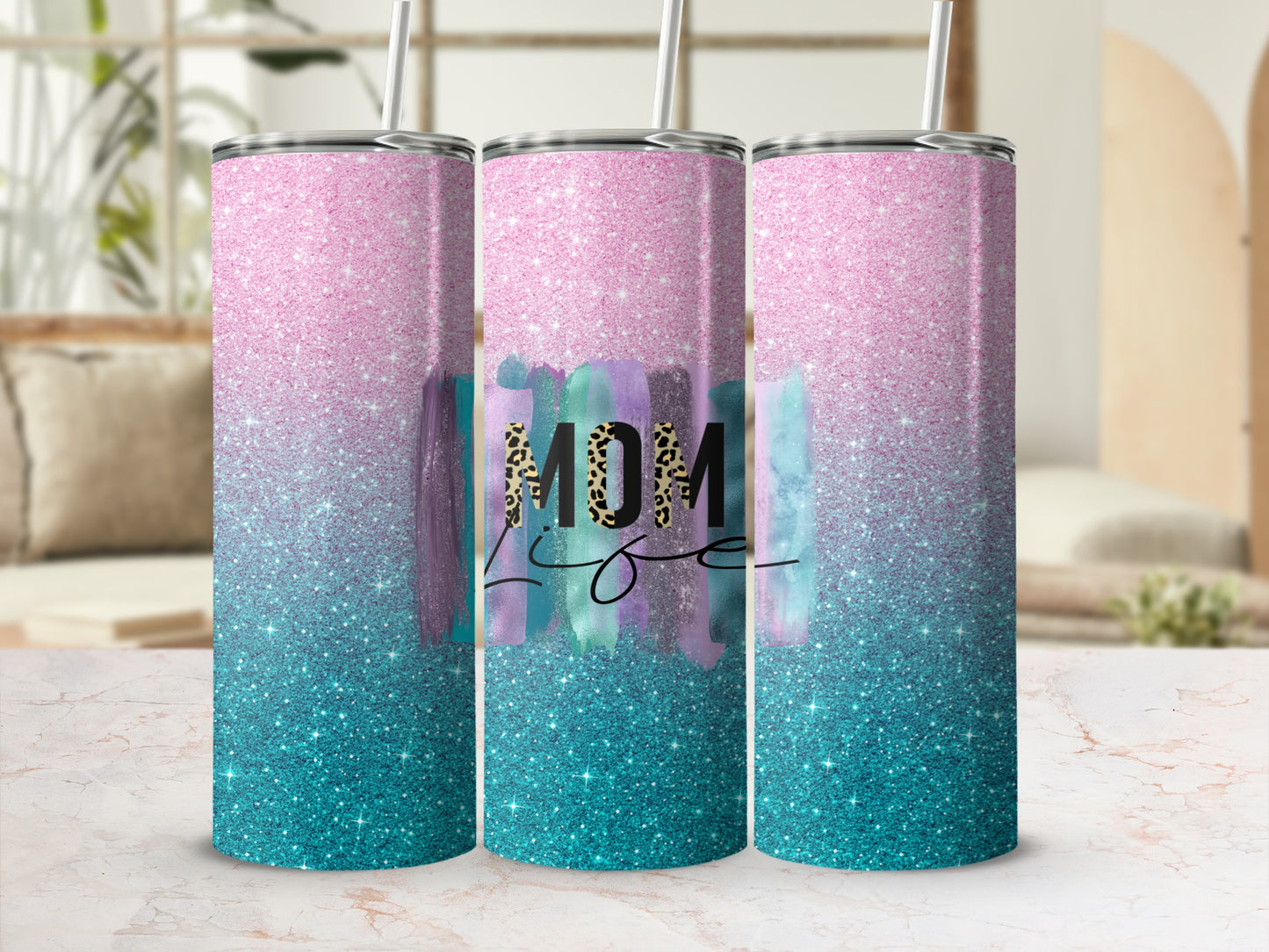 Vibrant Glitter Ombre Pink Teal Mom Life Leopard Print Tumbler product type