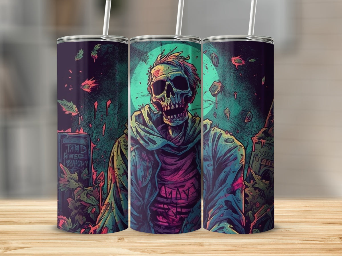 Three tumblers featuring a creepy zombie illustration with a tombstone and eerie background.