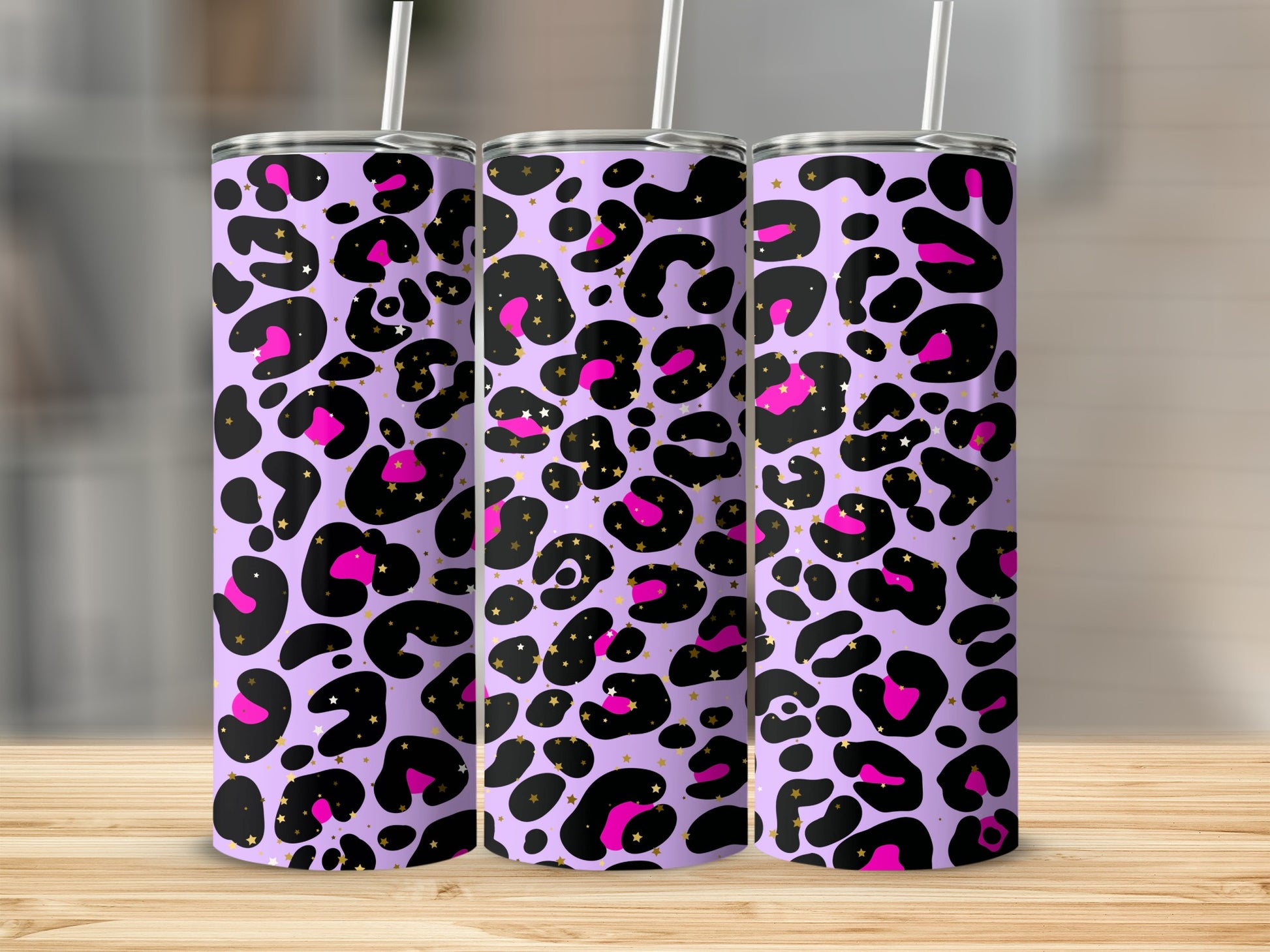 Purple Leopard Print Tumbler With Stars Design