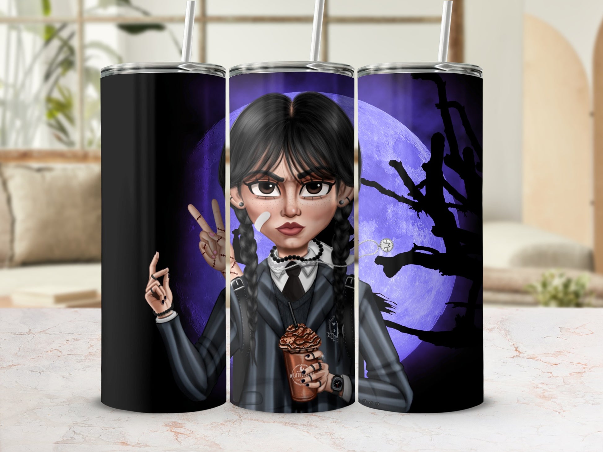 Creepy Gothic Girl with Moon and Trees Tumbler