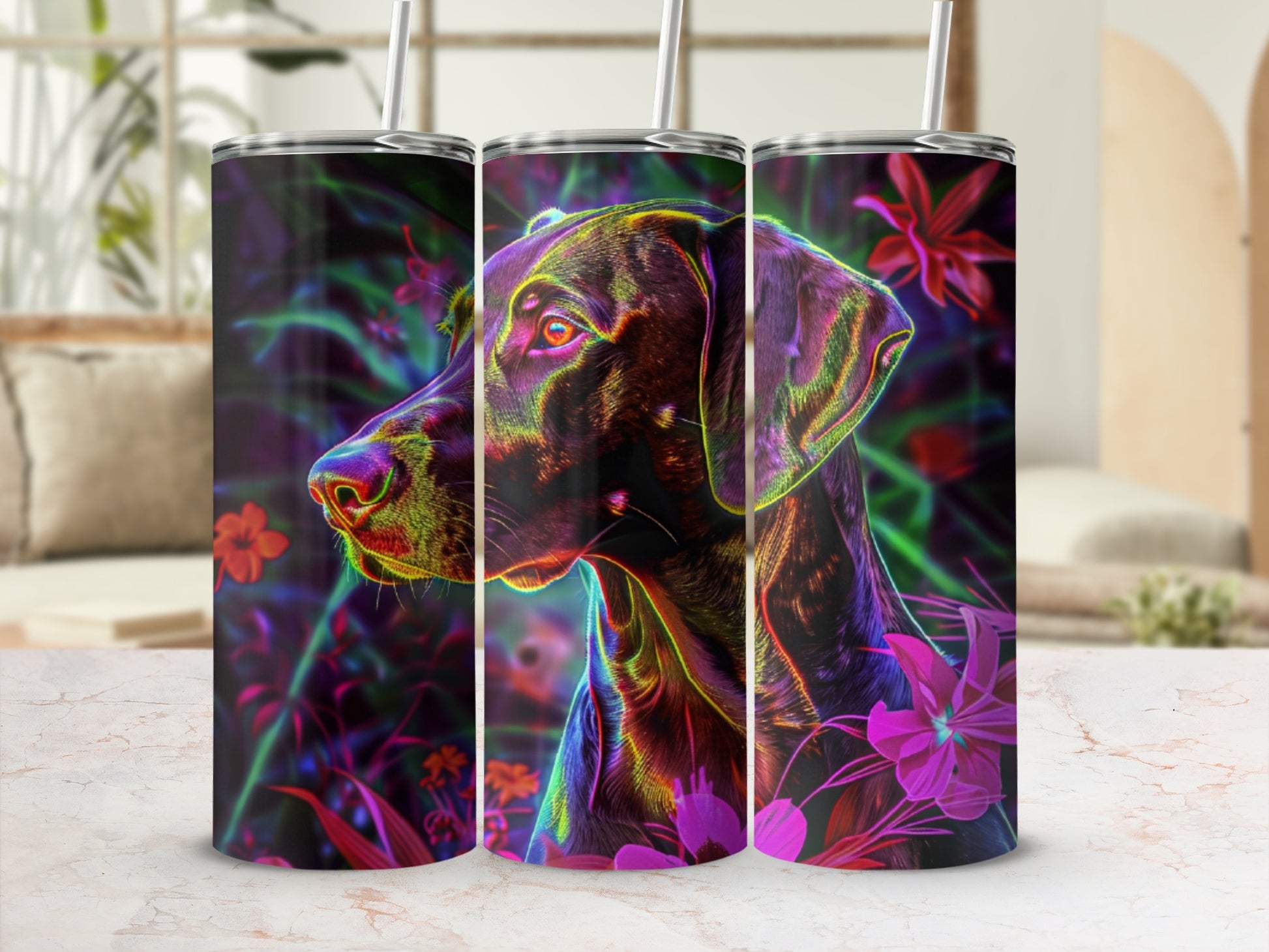 Three tumblers featuring a dark dog's profile against vibrant floral and dark background.
