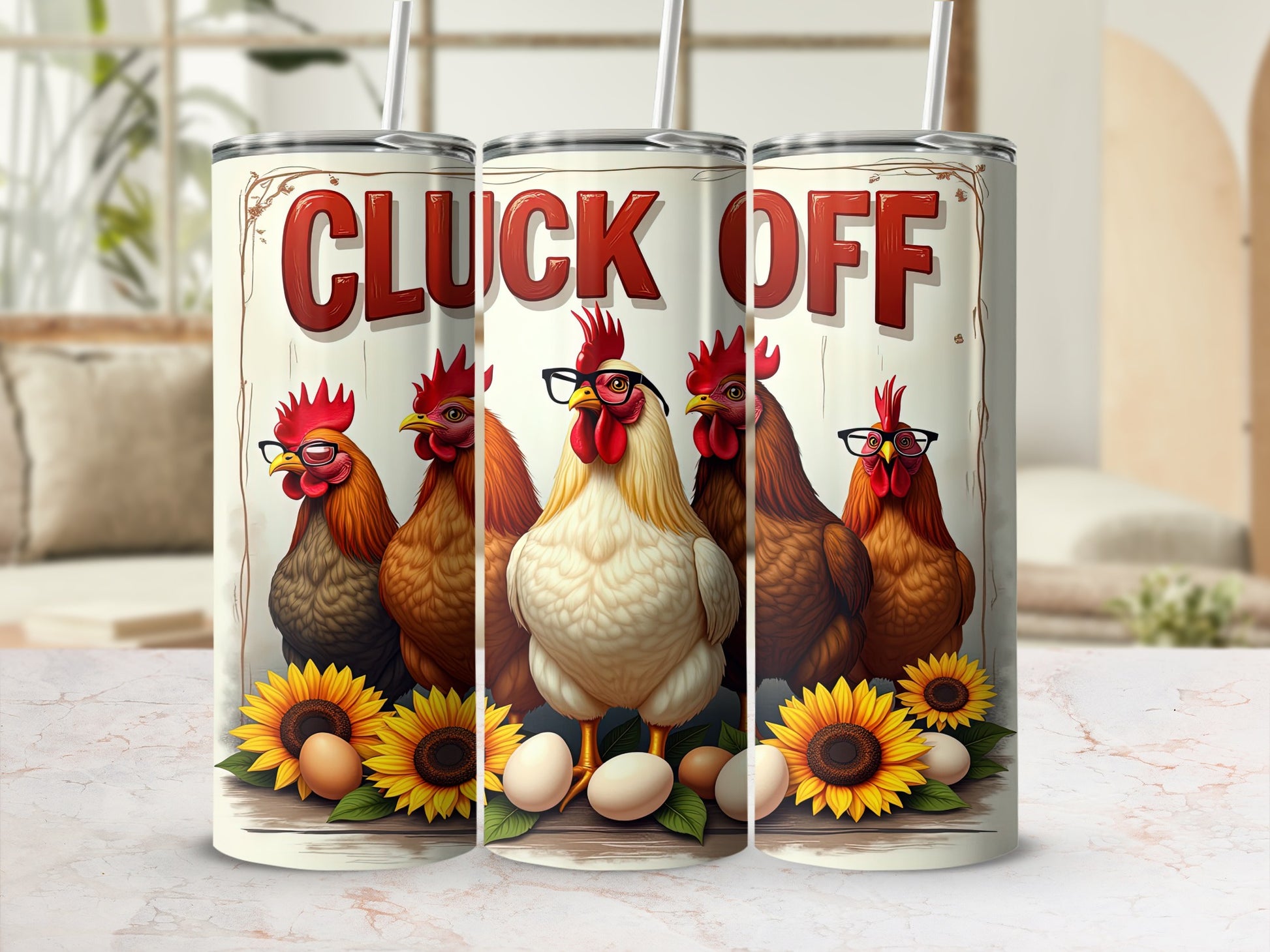 'CLUCK OFF' Rooster Chickens Wearing Glasses Sunflowers Eggs product type