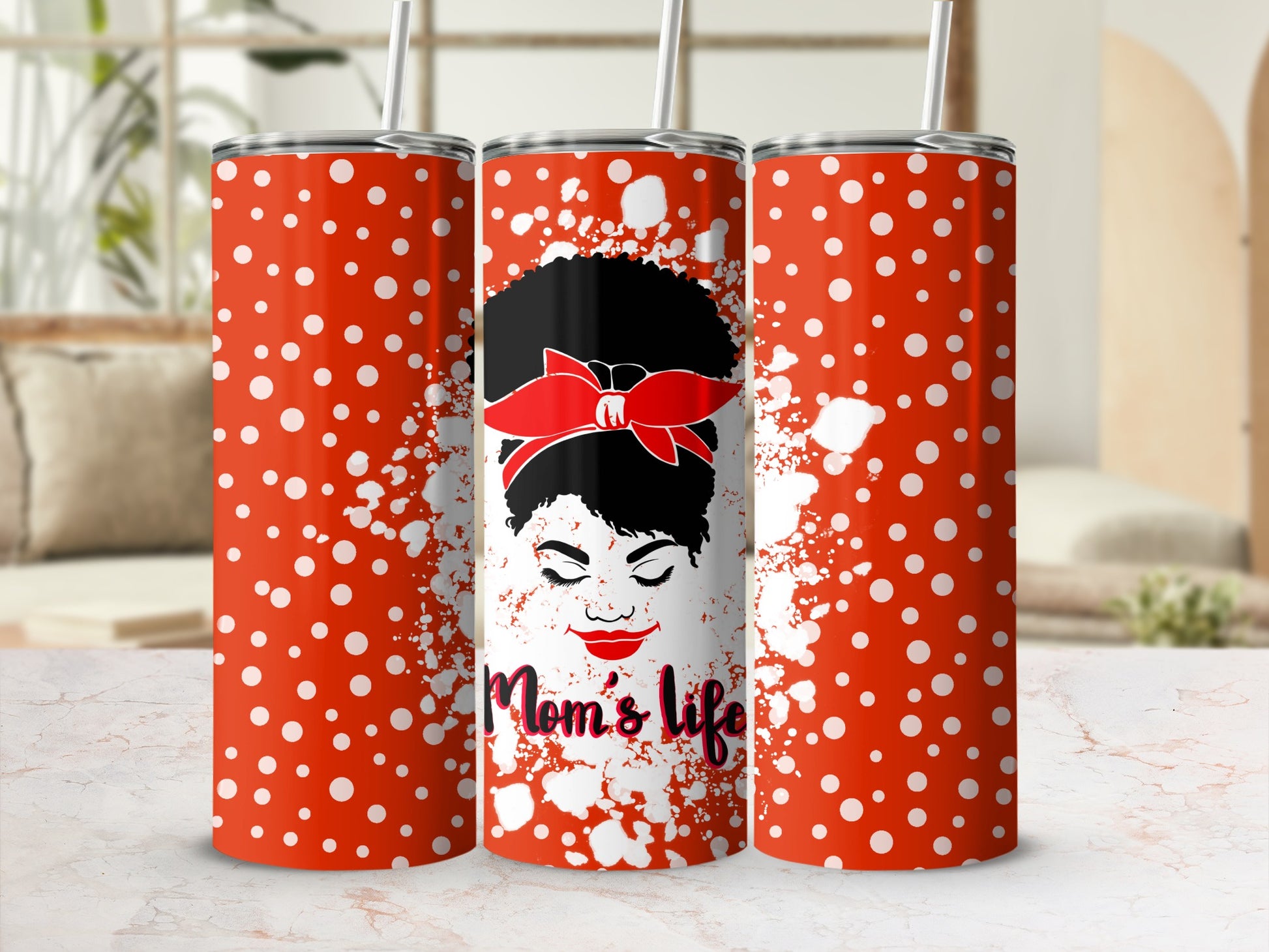 Red tumbler with white polka dots and "Mom's Life" text featuring a woman's face.