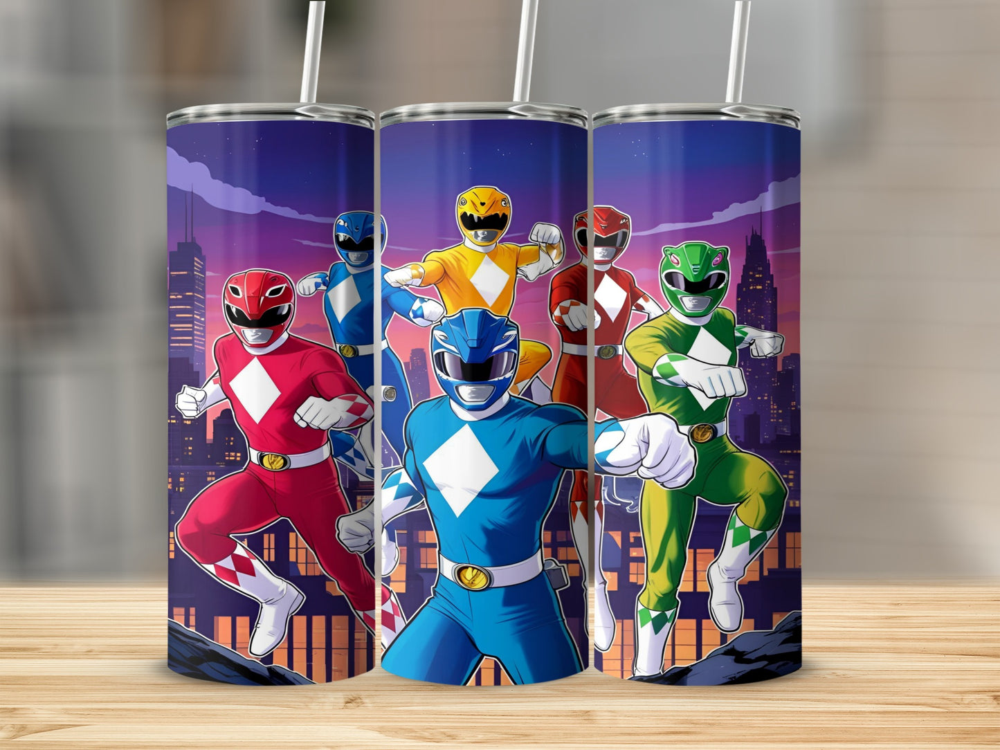 Power Rangers in colored suits in front of a city skyline.