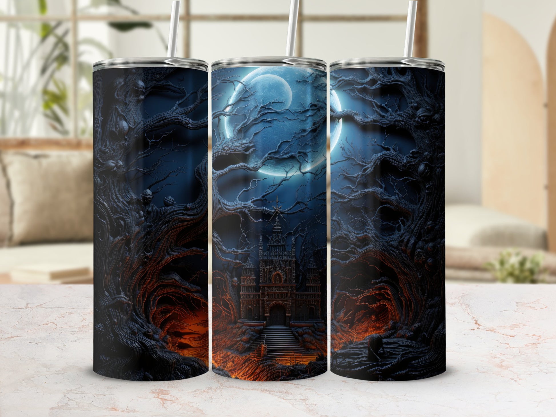 Tumblers with a dark, spooky Halloween design featuring a castle and a large moon.