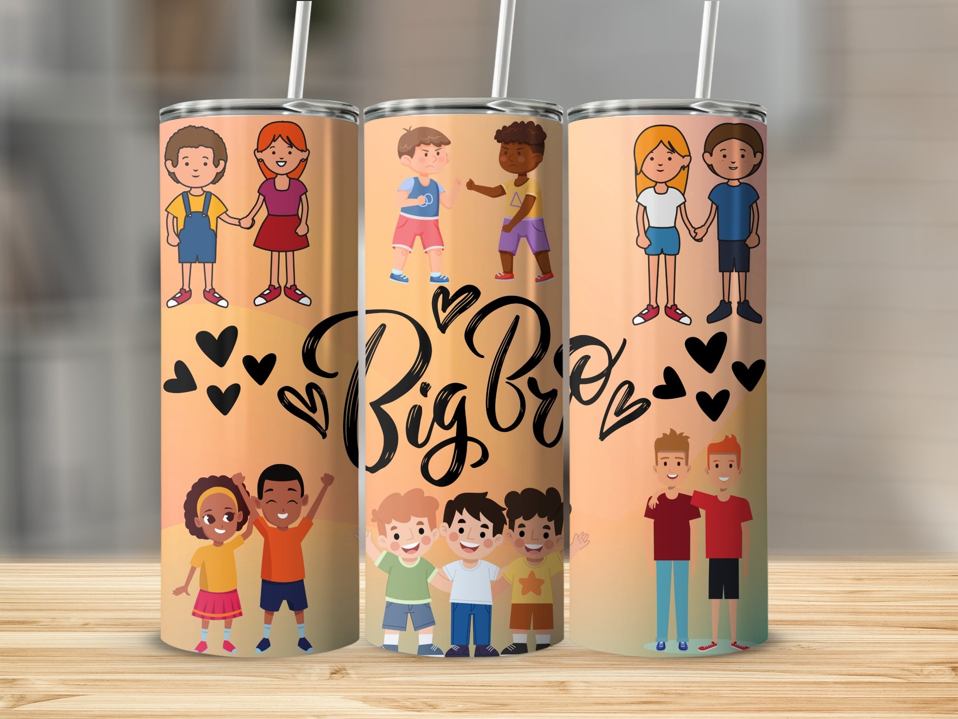 Big Bro Tumbler with Diverse Kids and Heart Designs