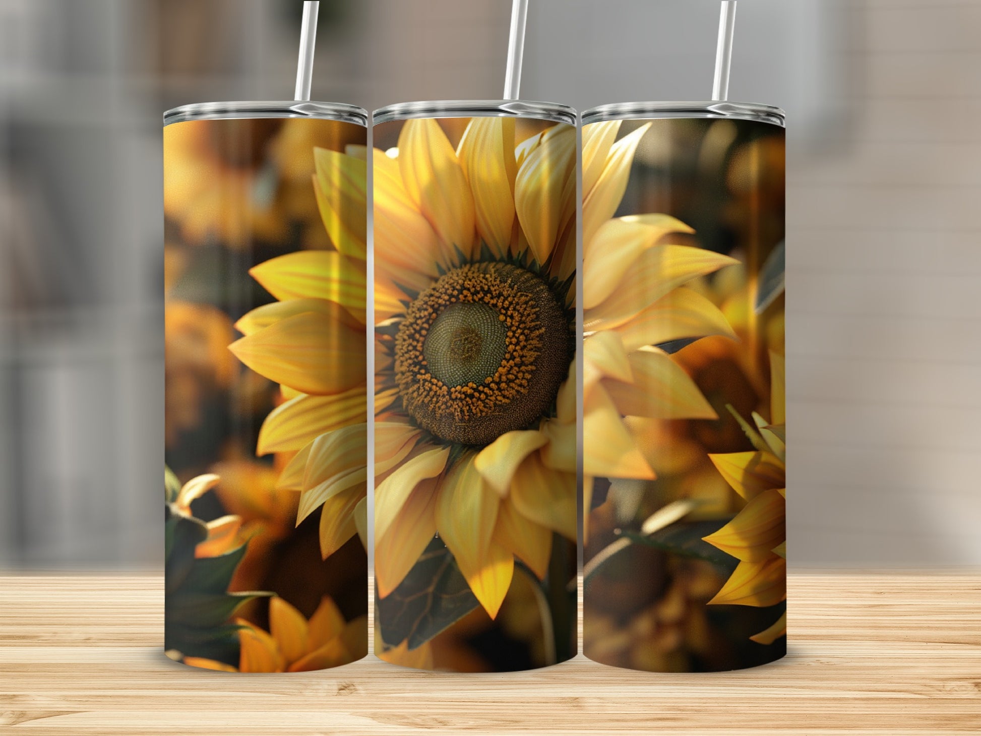 Three tumblers with a close-up sunflower design.