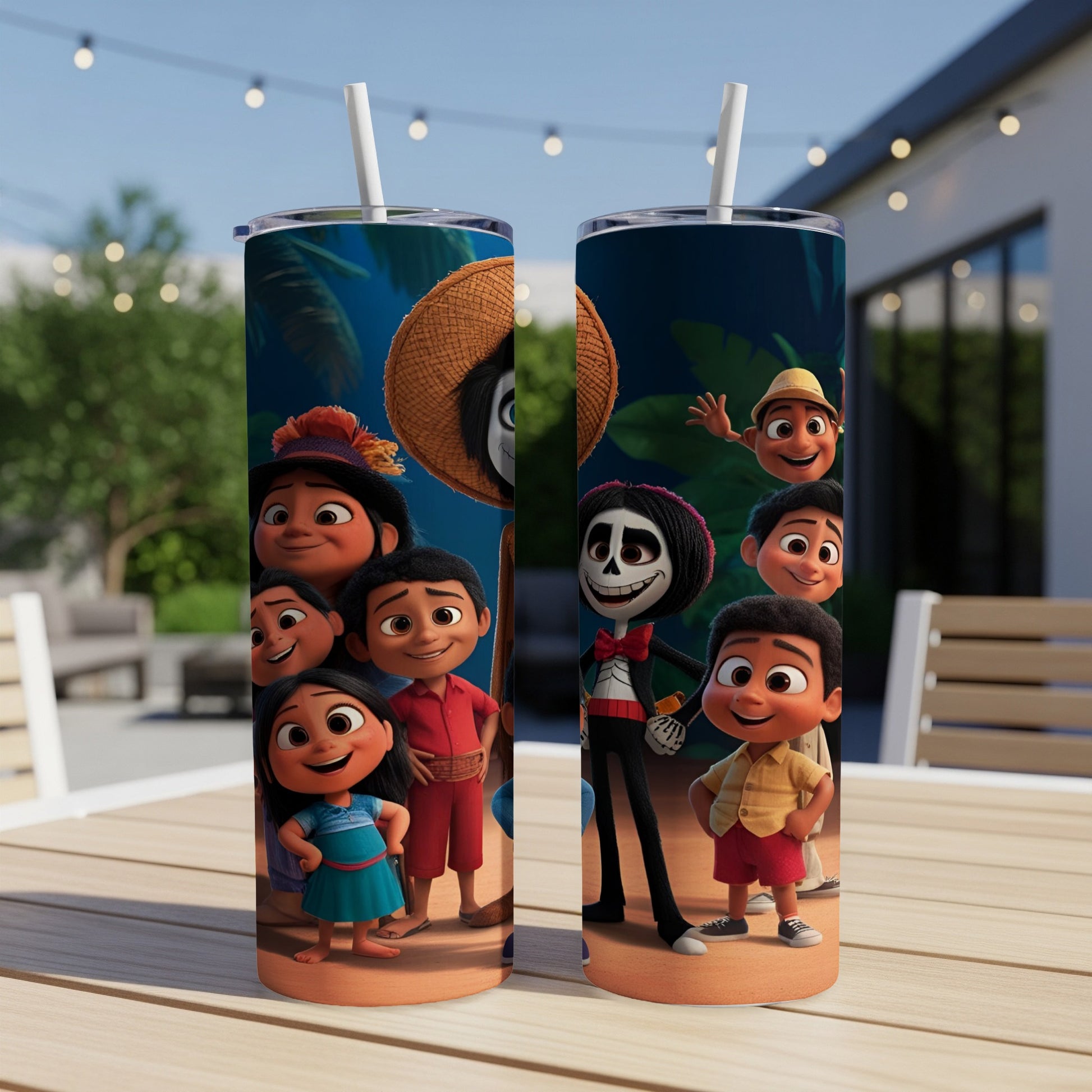 Two tumblers with characters from Coco movie, including Miguel, Hector, and Mama Imelda.