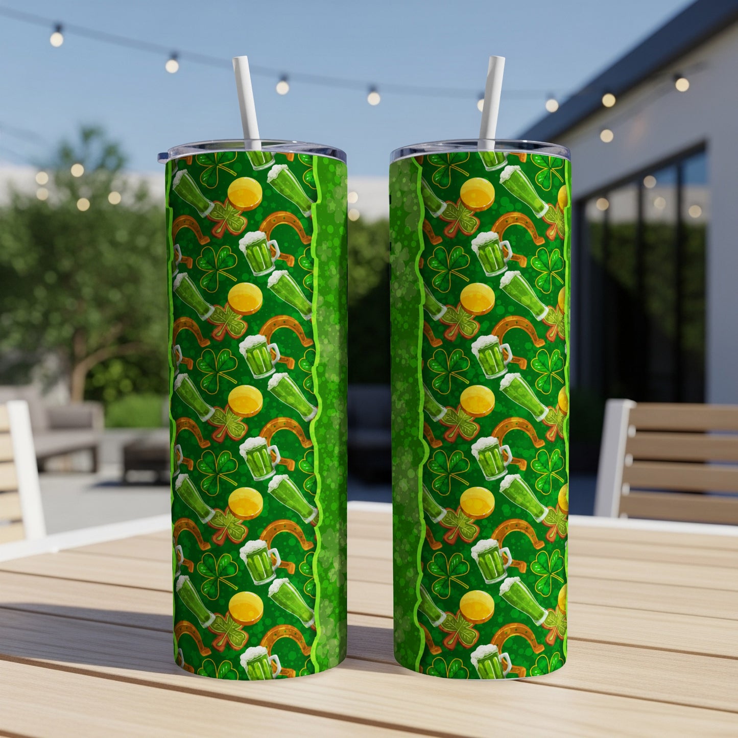 Two green St. Patrick's Day themed tumblers with shamrocks, beer mugs, and horseshoes.