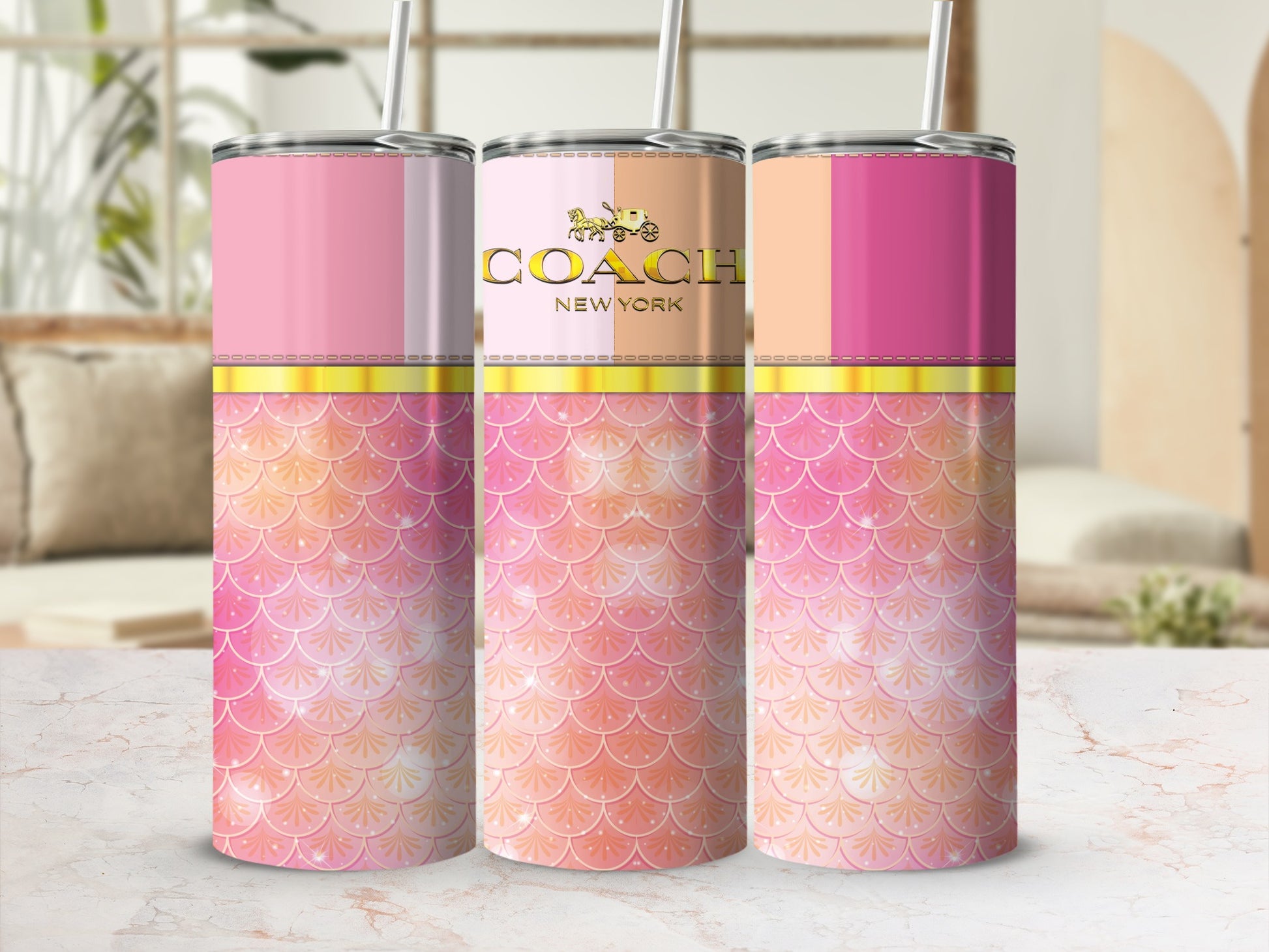 Three tumblers with mermaid scales, one featuring Coach New York branding.
