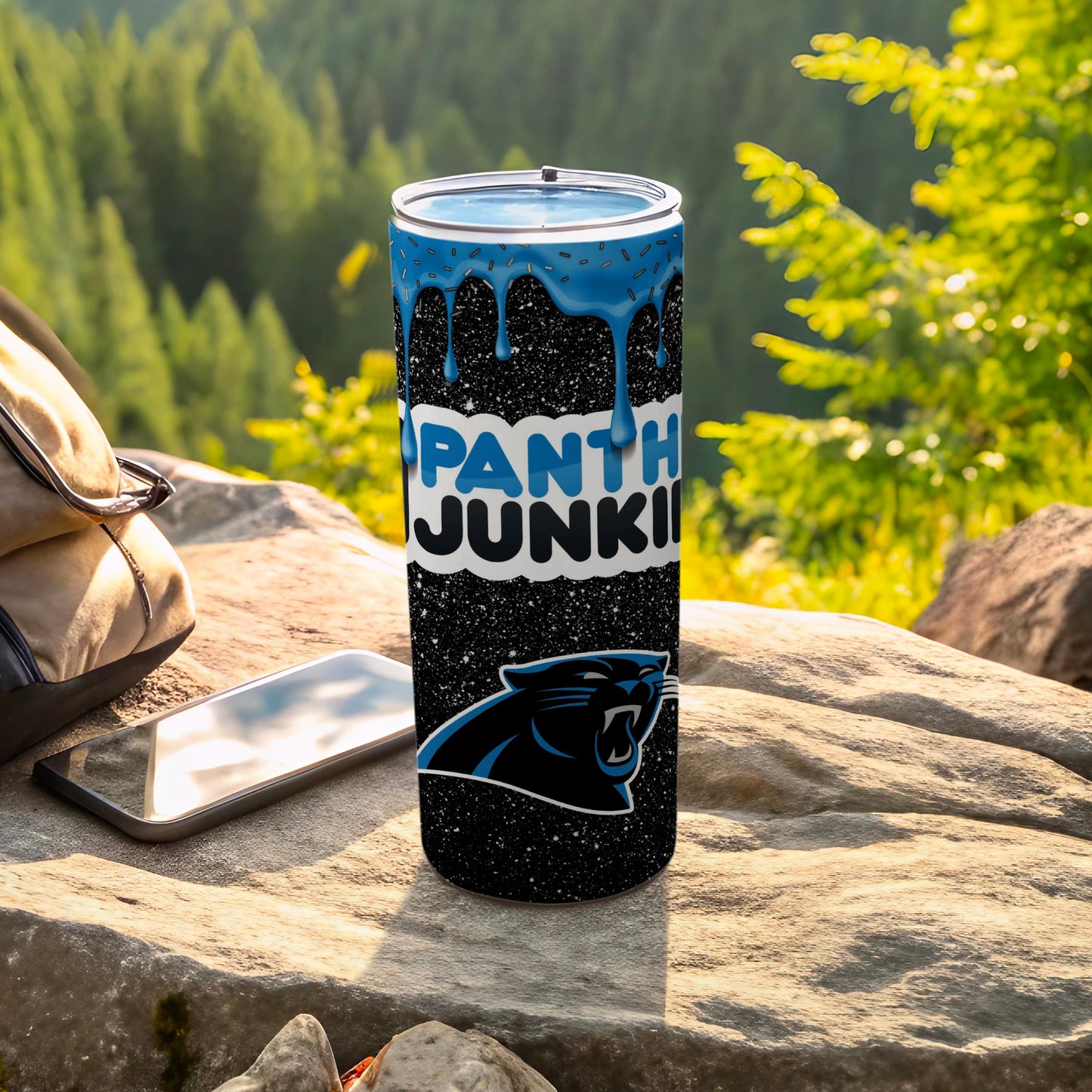 Panth Junkie Tumbler with Panther Graphic and Blue Accent