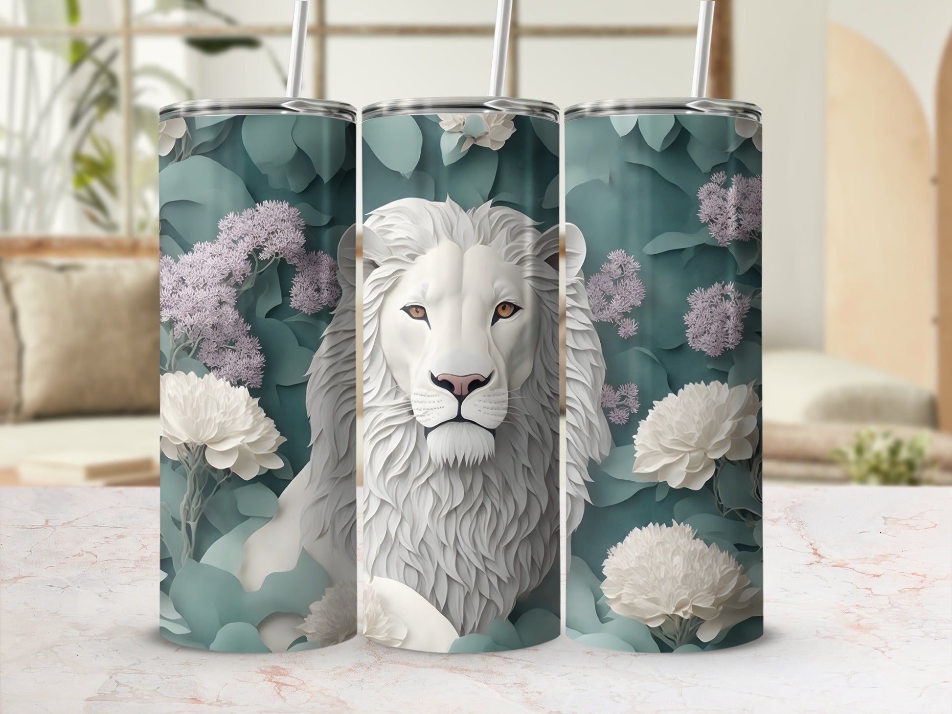 Three tumblers with a white lion and floral design.