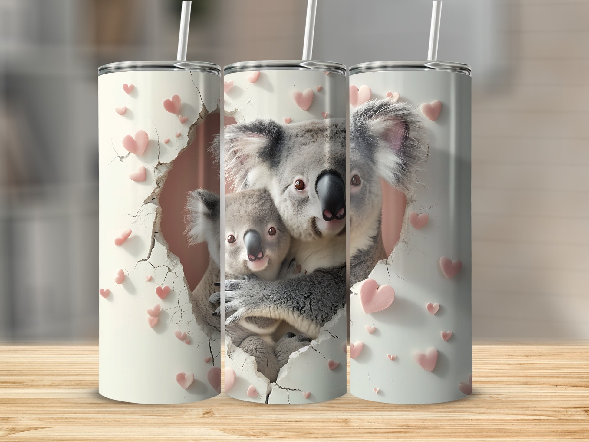Koala and baby hugging through a cracked heart design on a white tumbler.