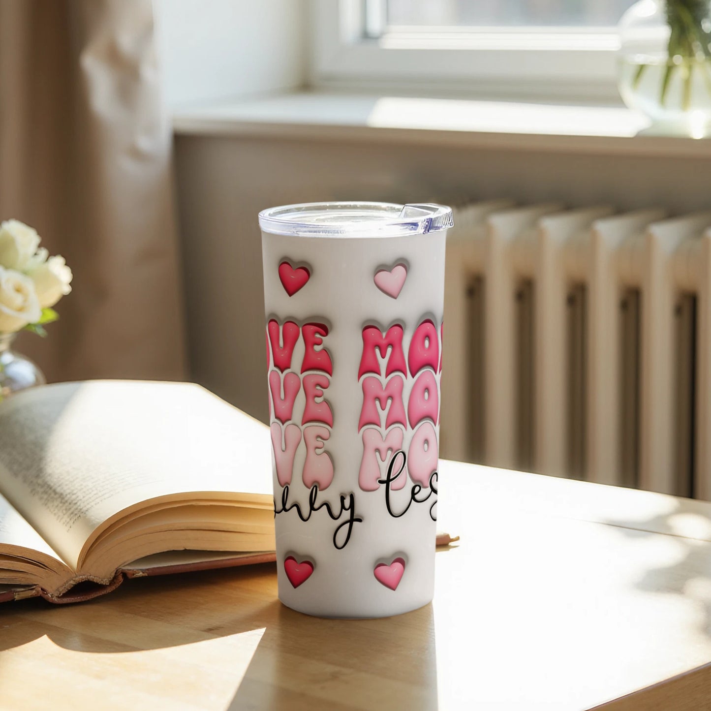 Love You Tumbler with Hearts and Handwriting Design