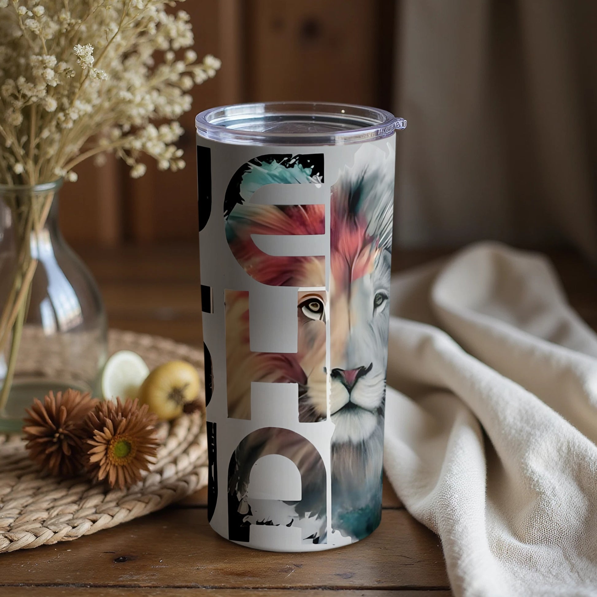 Majestic Lion Face on Bold Text Design Tumbler