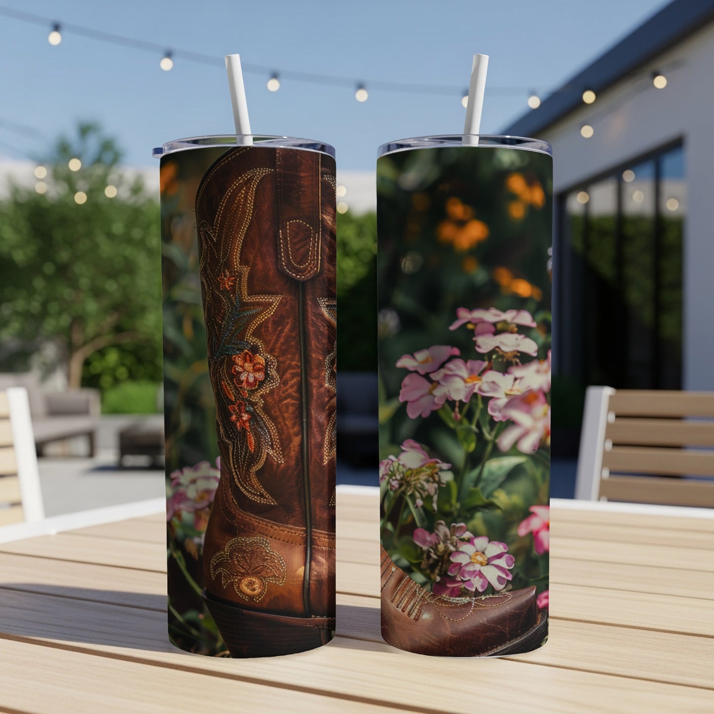 Brown cowboy boot with floral embroidery on a tumbler.