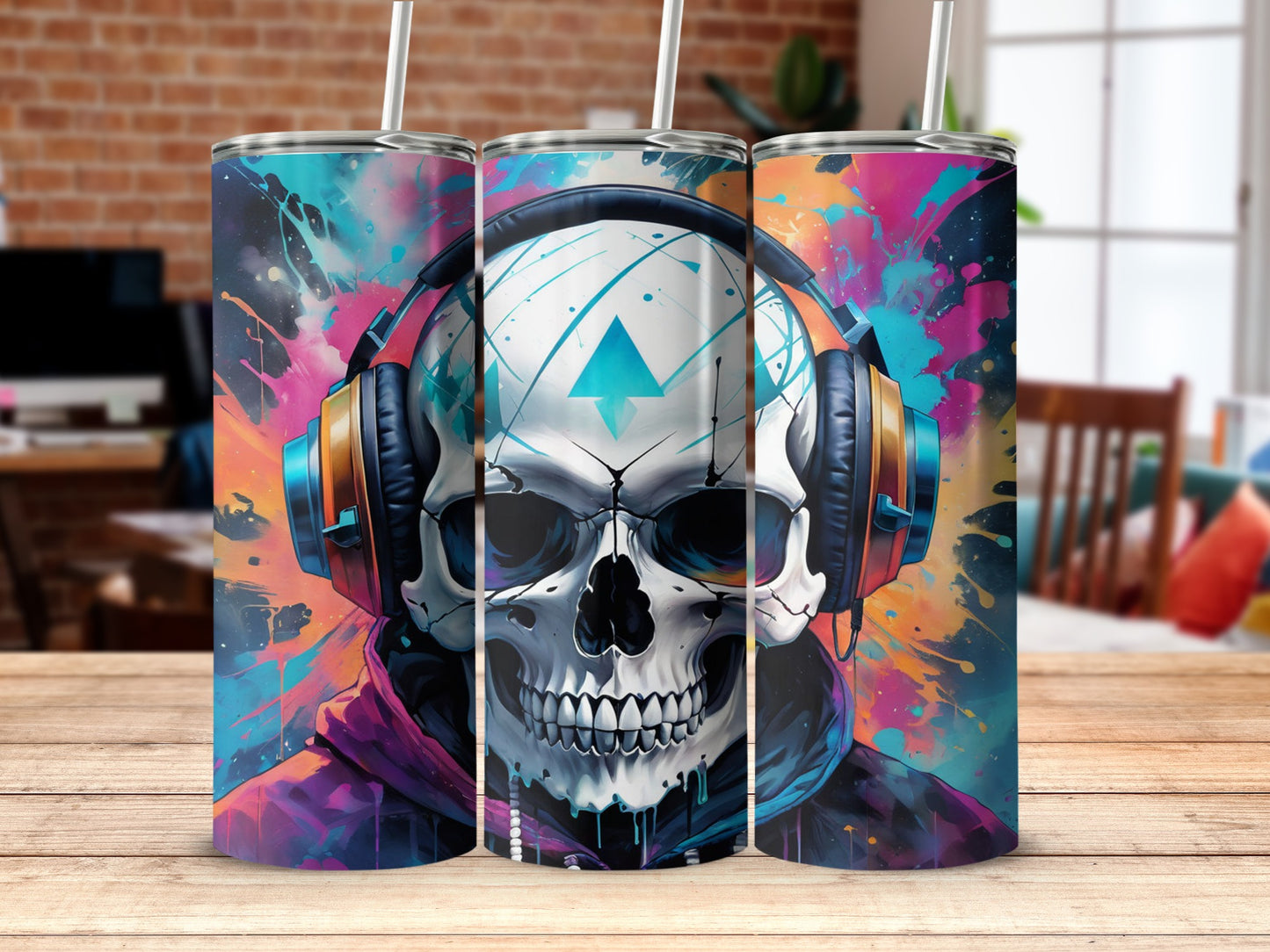 Colorful Skull with Headphones Design Tumbler