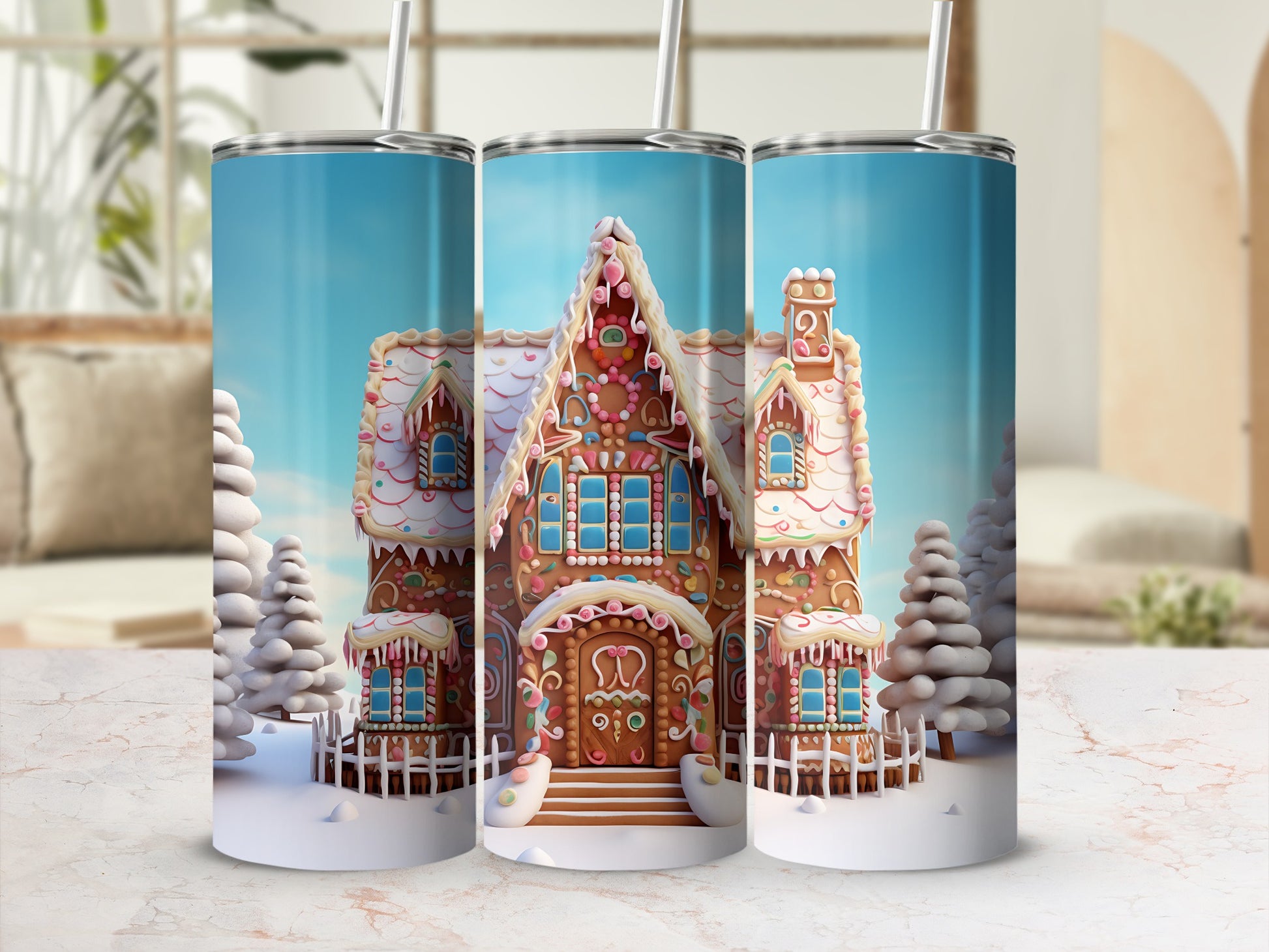 Gingerbread house tumbler with snow-covered trees and white fence.