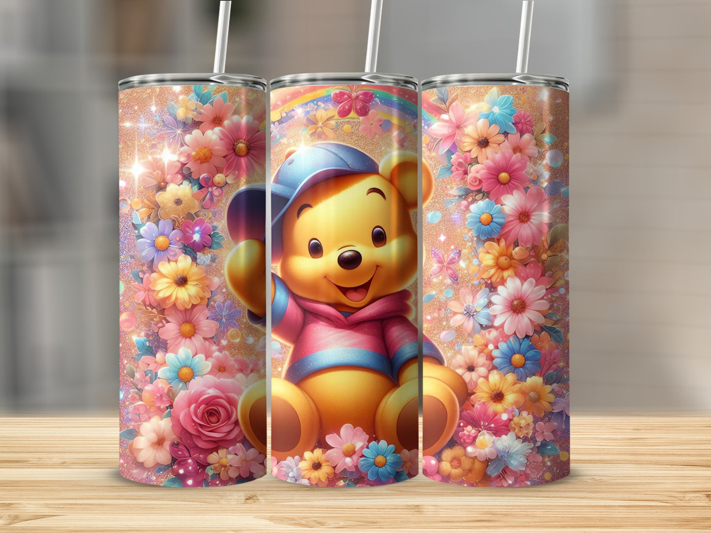 Adorable Bear with Colorful Floral Background Tumbler