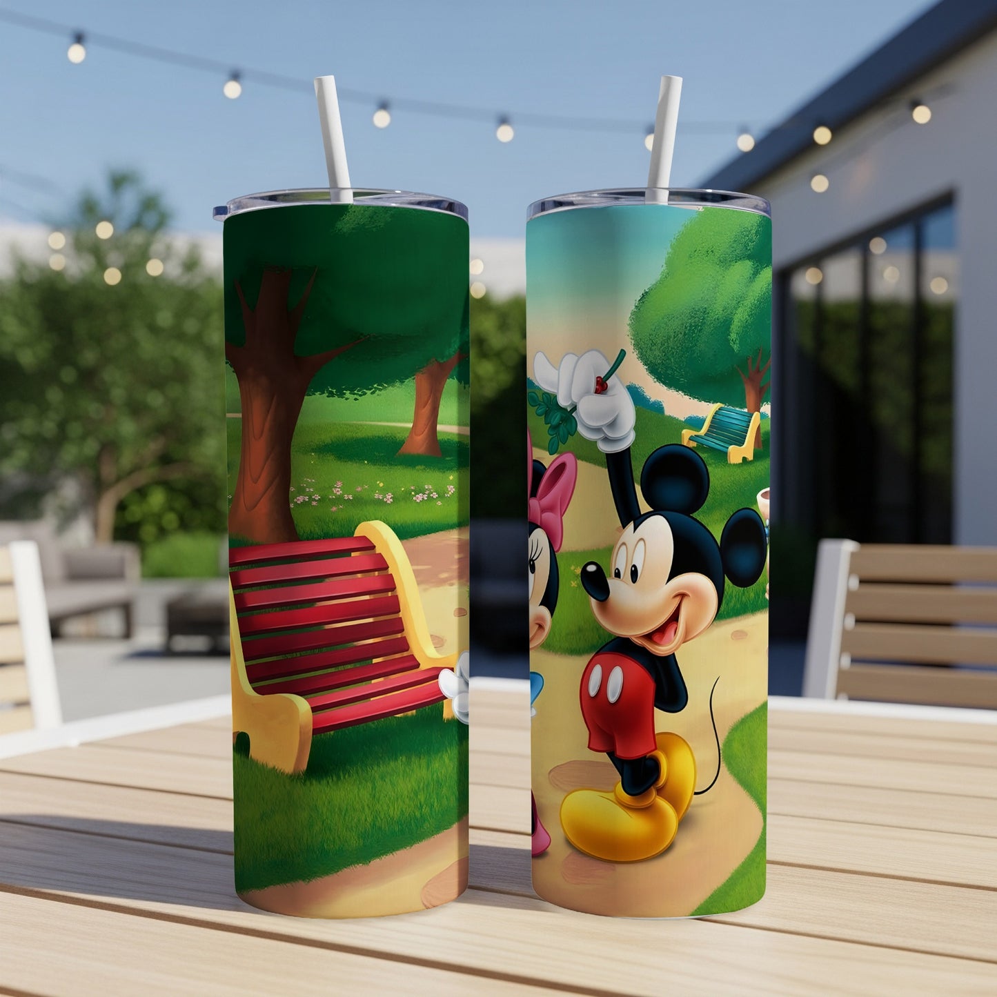 Mickey and Minnie Mouse in a park setting on a double-walled tumbler.