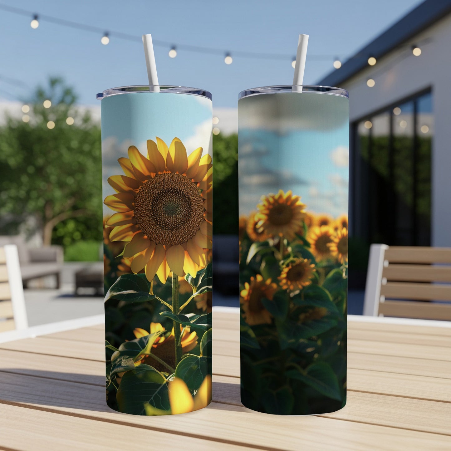 Two tumblers with sunflowers on a wooden table.
