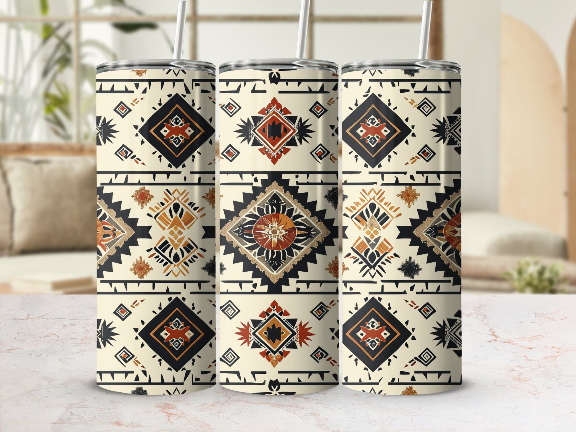 Geometric Tribal Patterned Tumbler with Straw Cup