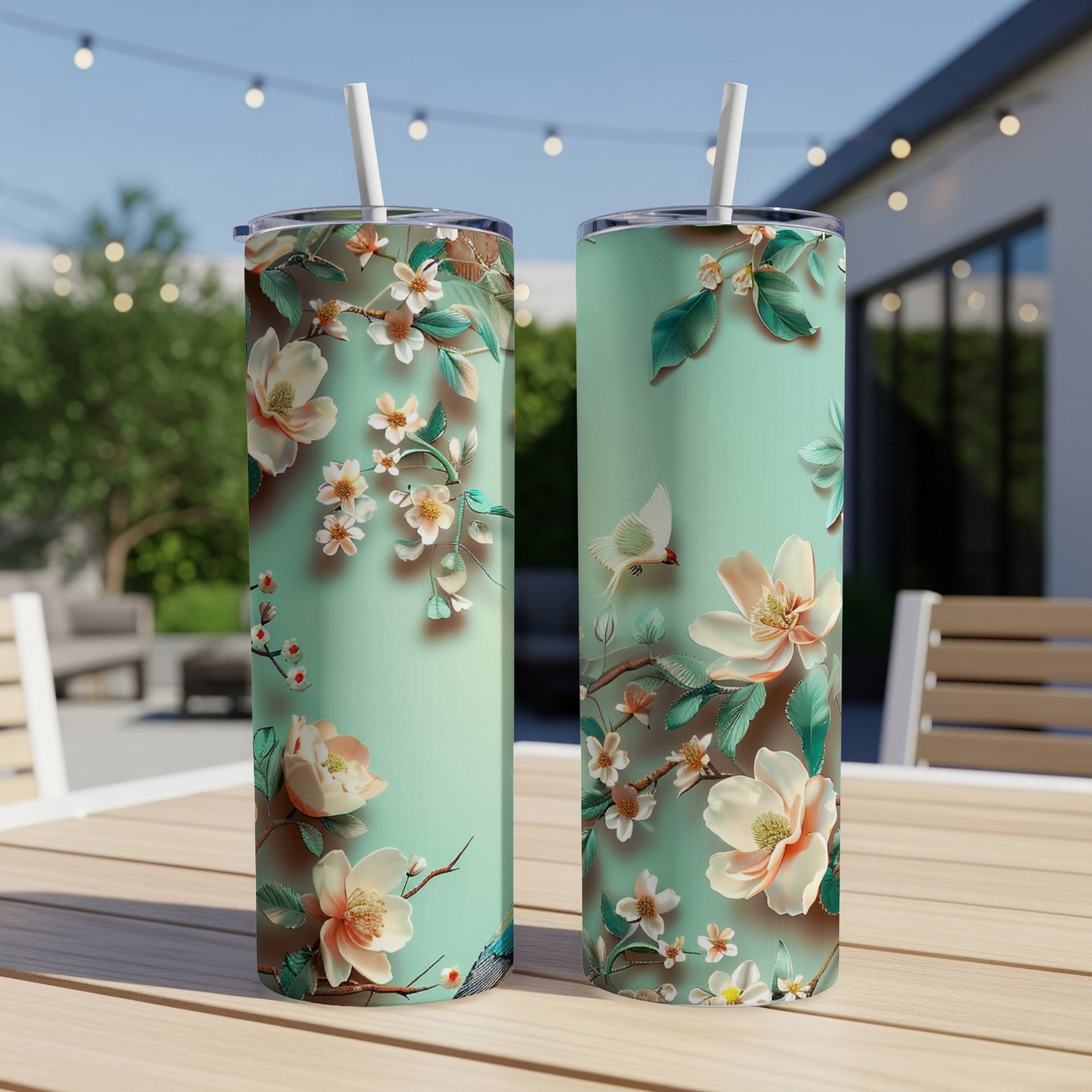 Two mint green tumblers with floral and bird design on a patio table.