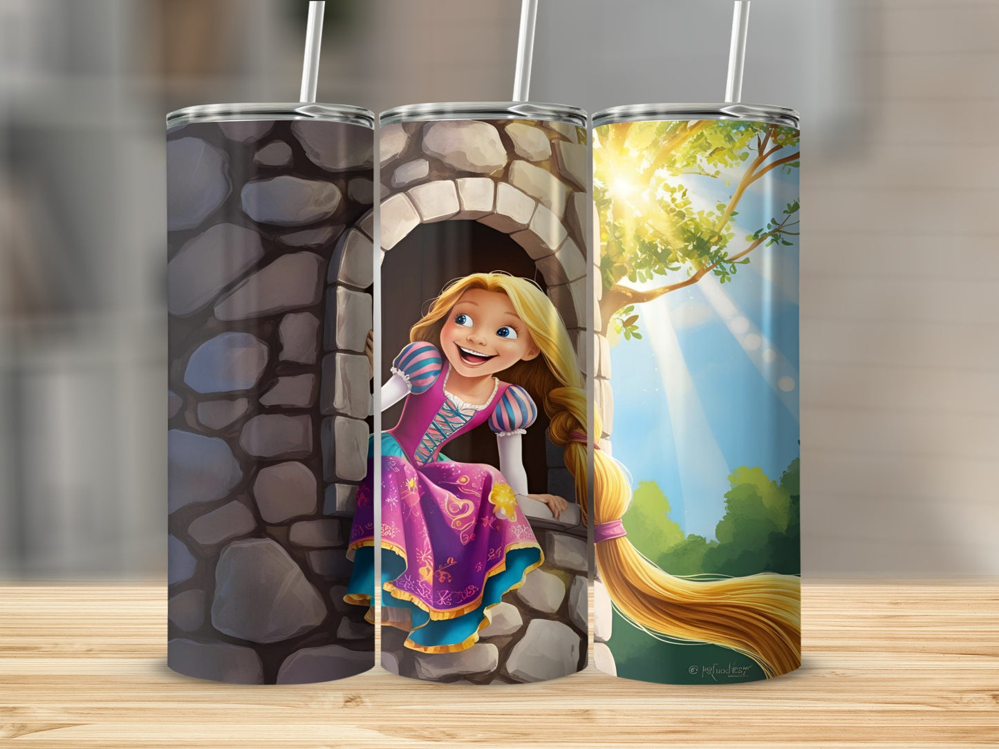 Rapunzel in a tower window, with a sunlight-dappled forest background.