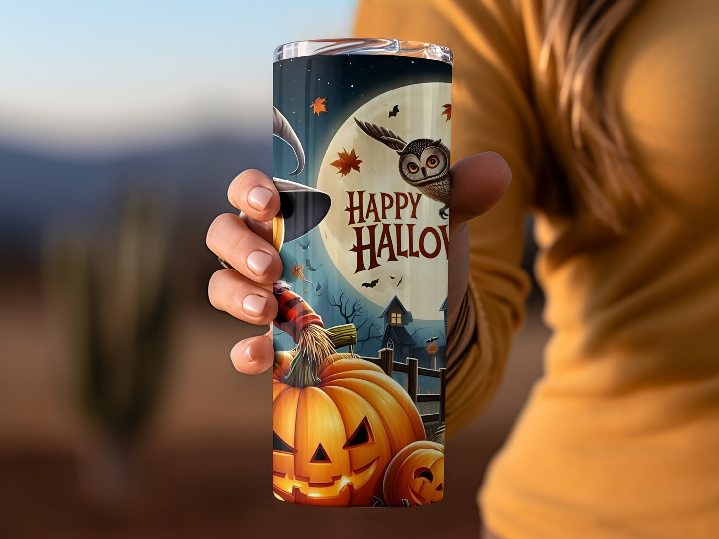 Halloween-Themed Tumbler with Pumpkin and Owl Design