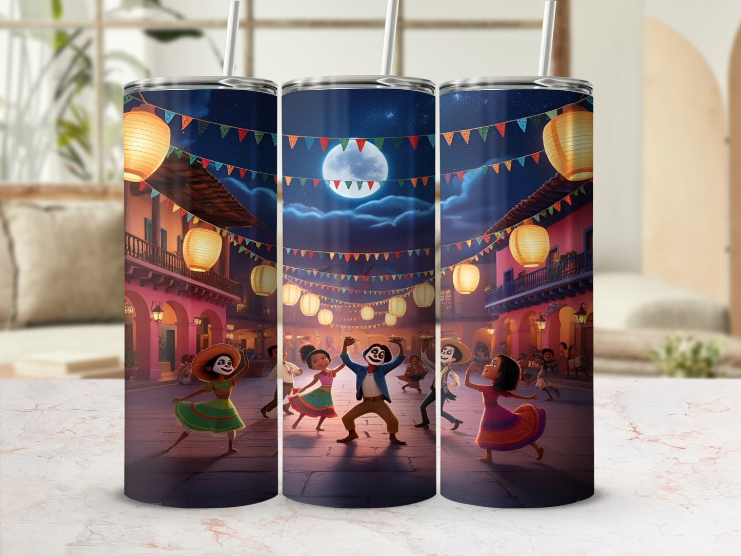 Three tumblers showing characters from Coco dancing under a moonlit sky.