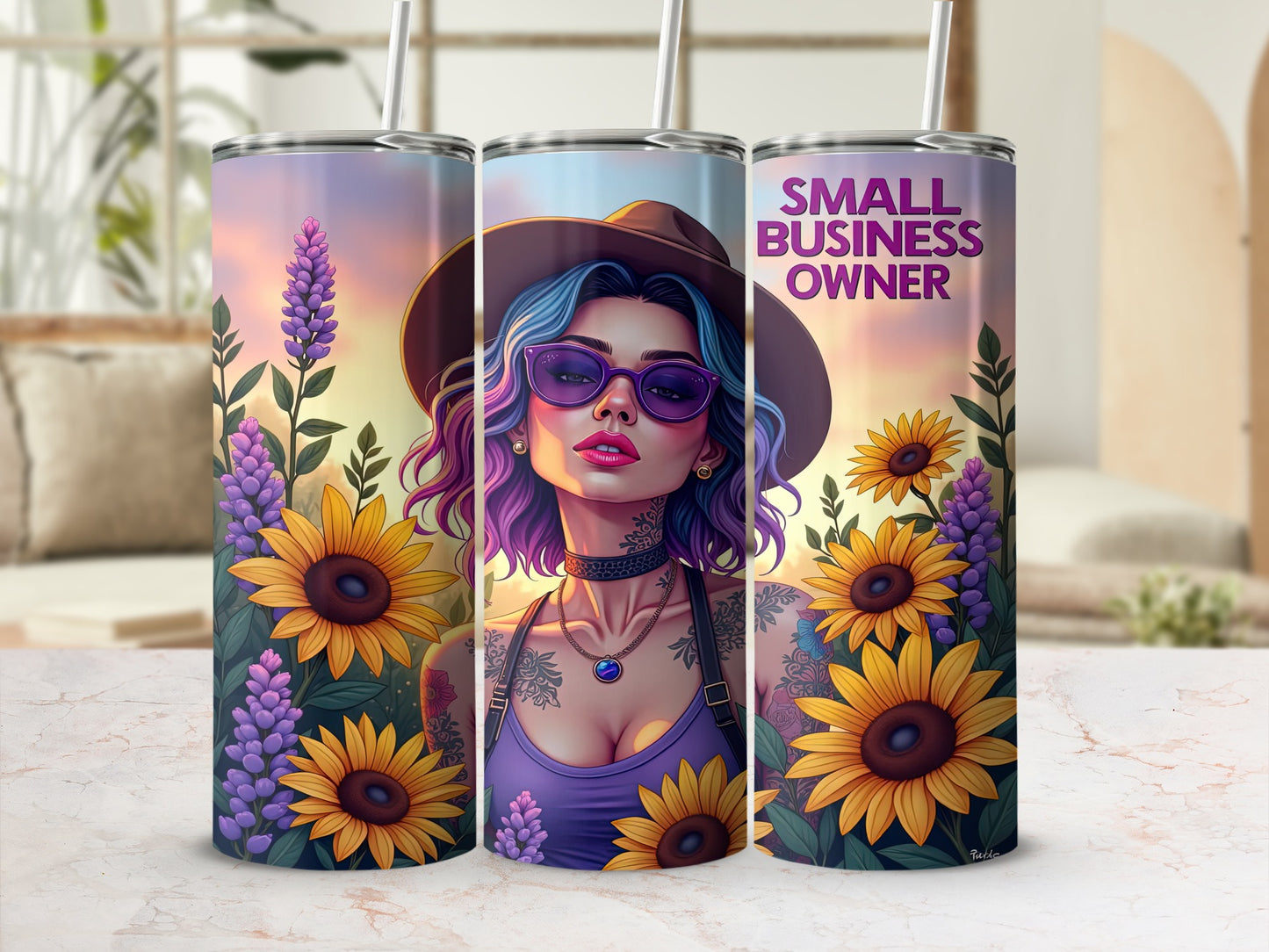Sunflower and lavender tumbler with "Small Business Owner" text.