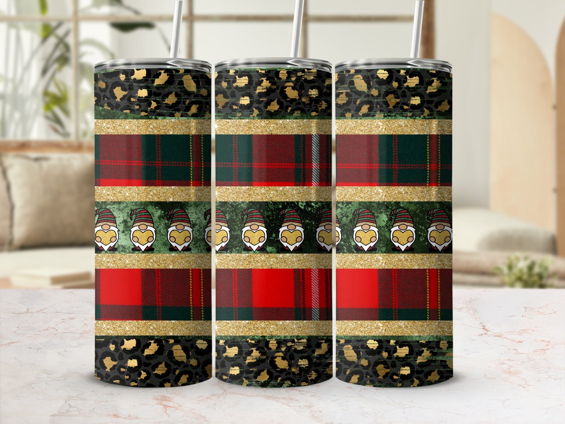 Three tumblers with plaid and leopard print featuring gnome faces.