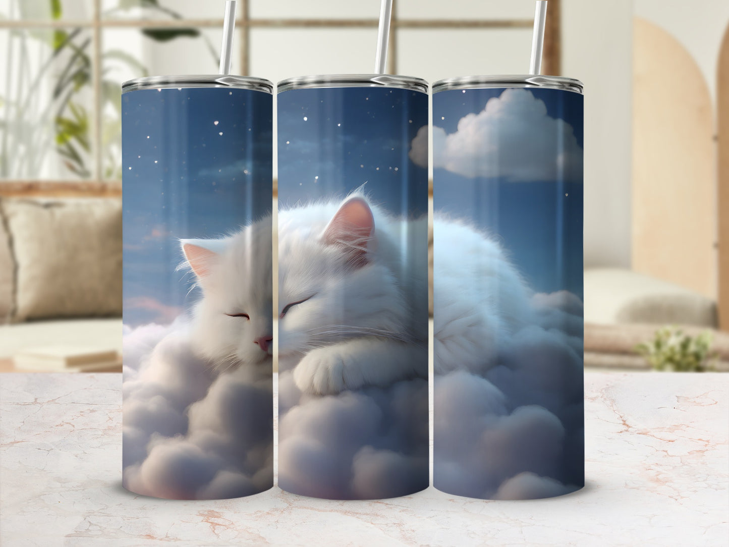 White cat sleeps peacefully on clouds under a starry night sky.
