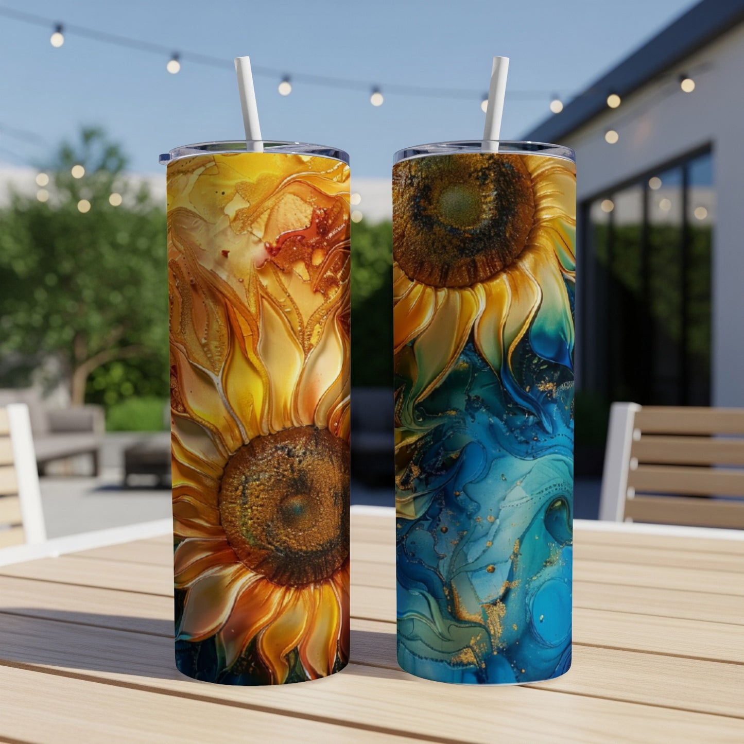 Two tall tumblers with abstract sunflower designs in yellow and blue.
