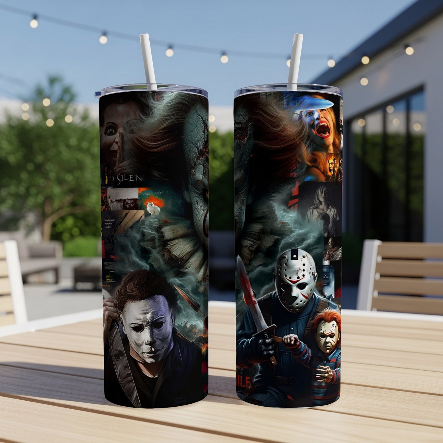 Halloween movie characters collage on two tall tumblers.