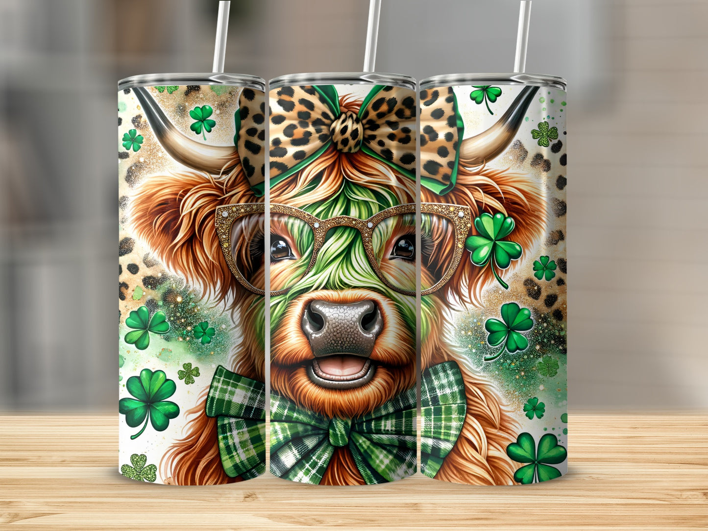 Highland cow with glasses and bow tie, shamrocks, and leopard print accents.
